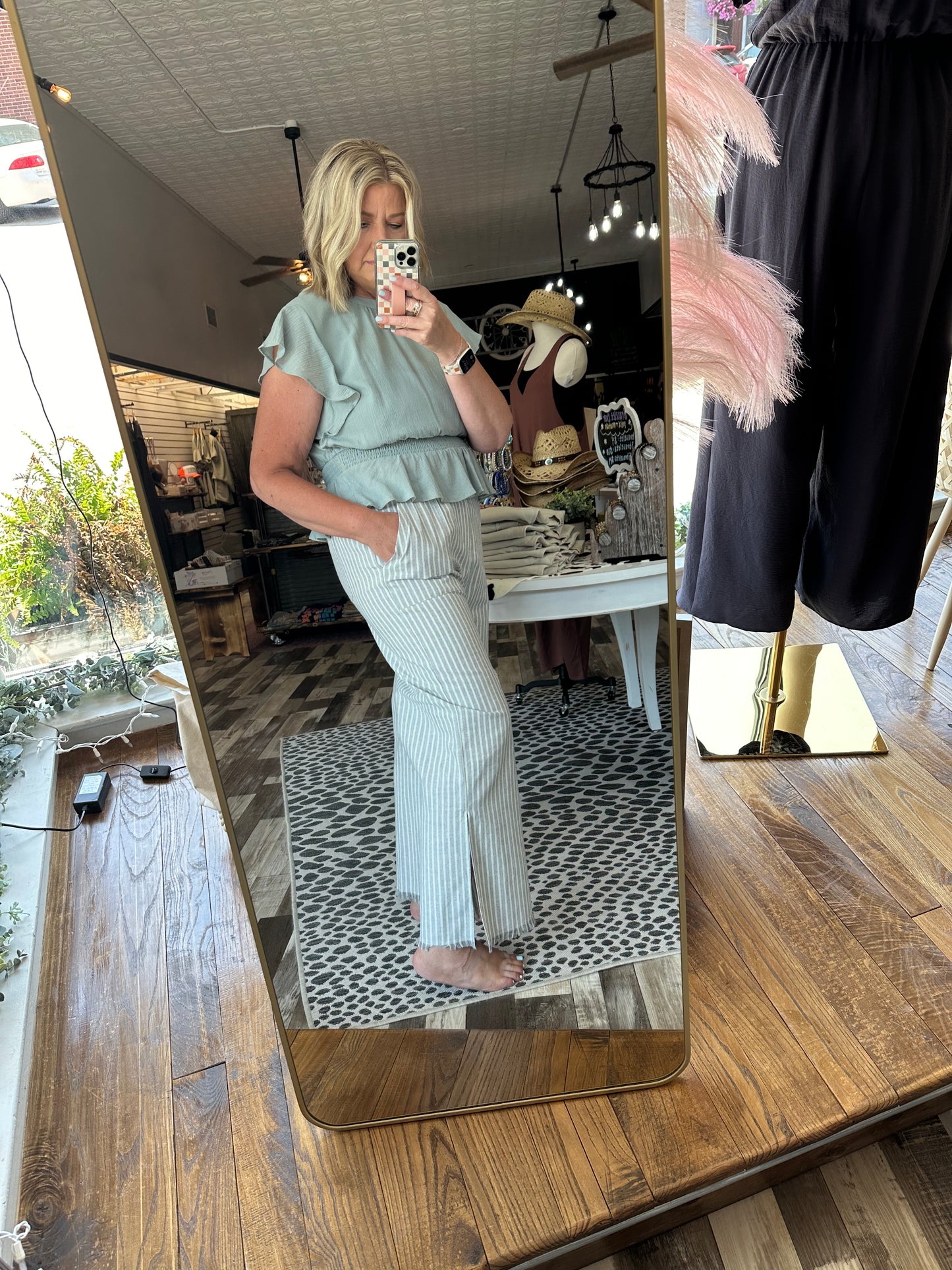 Sassy Striped Linen Pants w/Raw Edge Detail