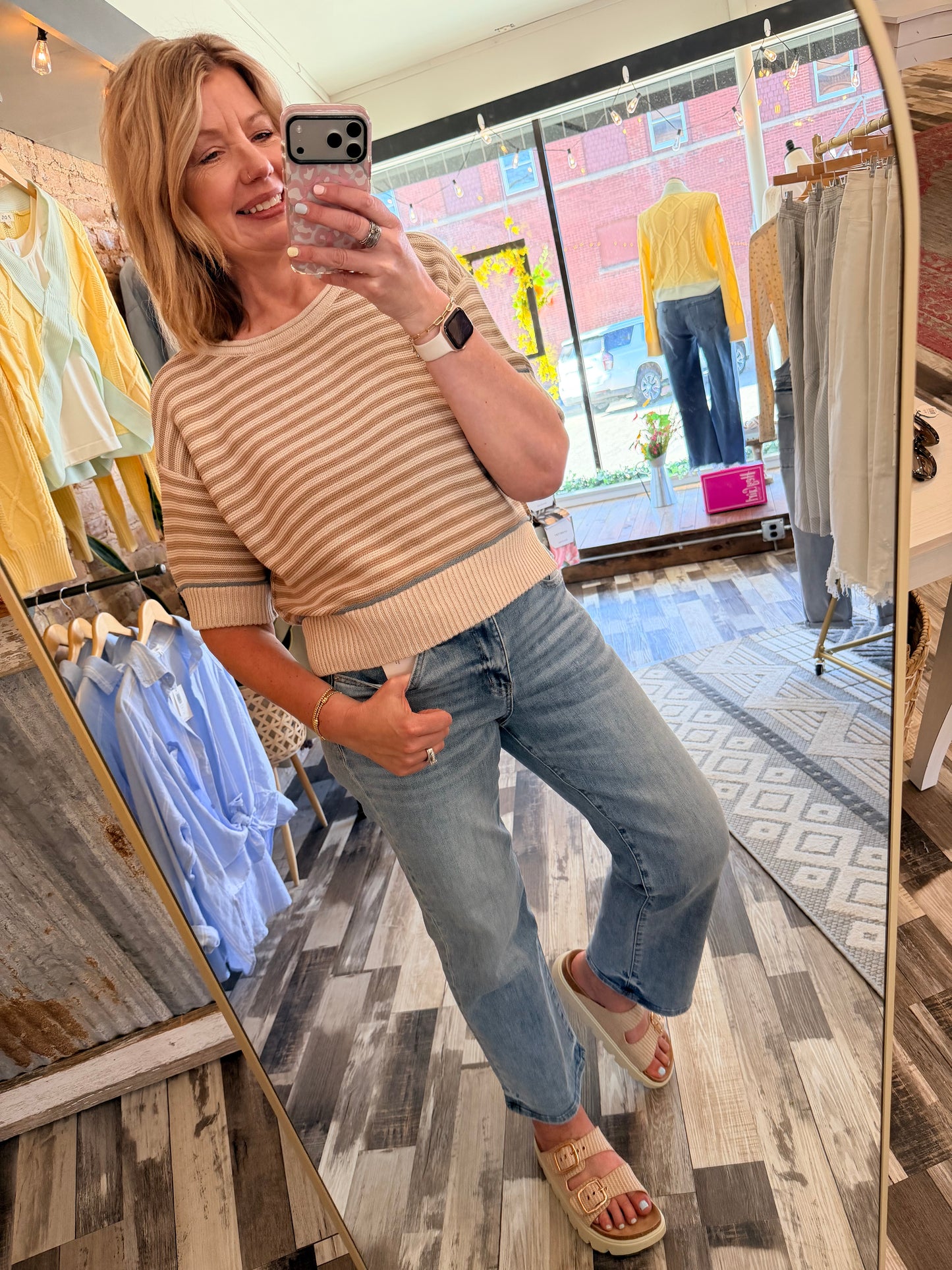 Stripe Raw Edge Detail Contrast Trim Sweater