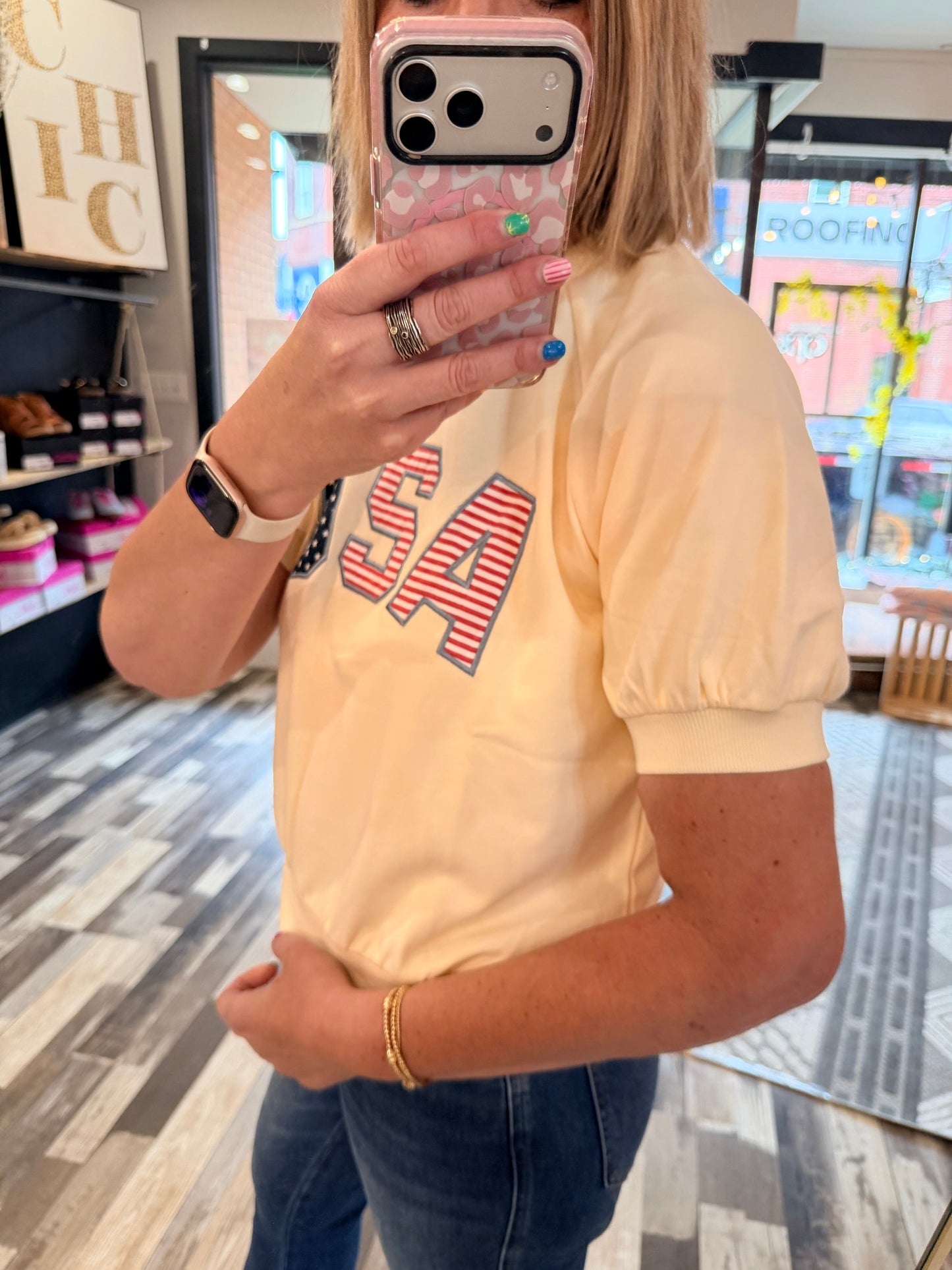 USA Embroidered Short Sleeve Sweatshirt