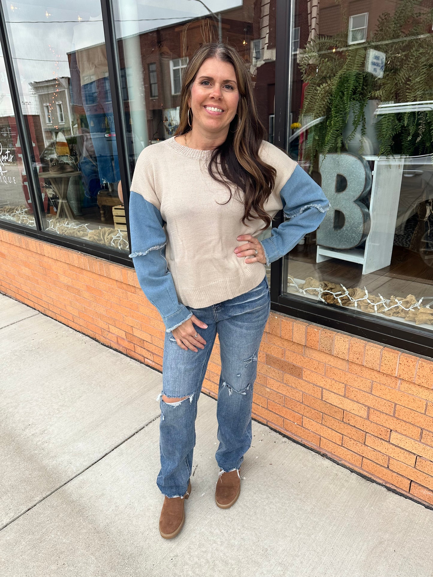 The Gracey Denim Sleeve Contrast Distressed Sweater Top