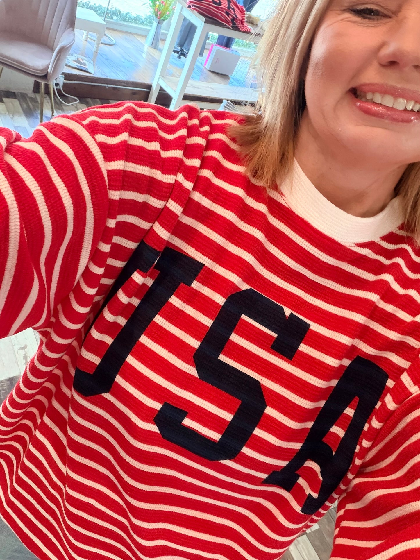 Striped Round Neck USA Americana Ribbed Knit Pullover