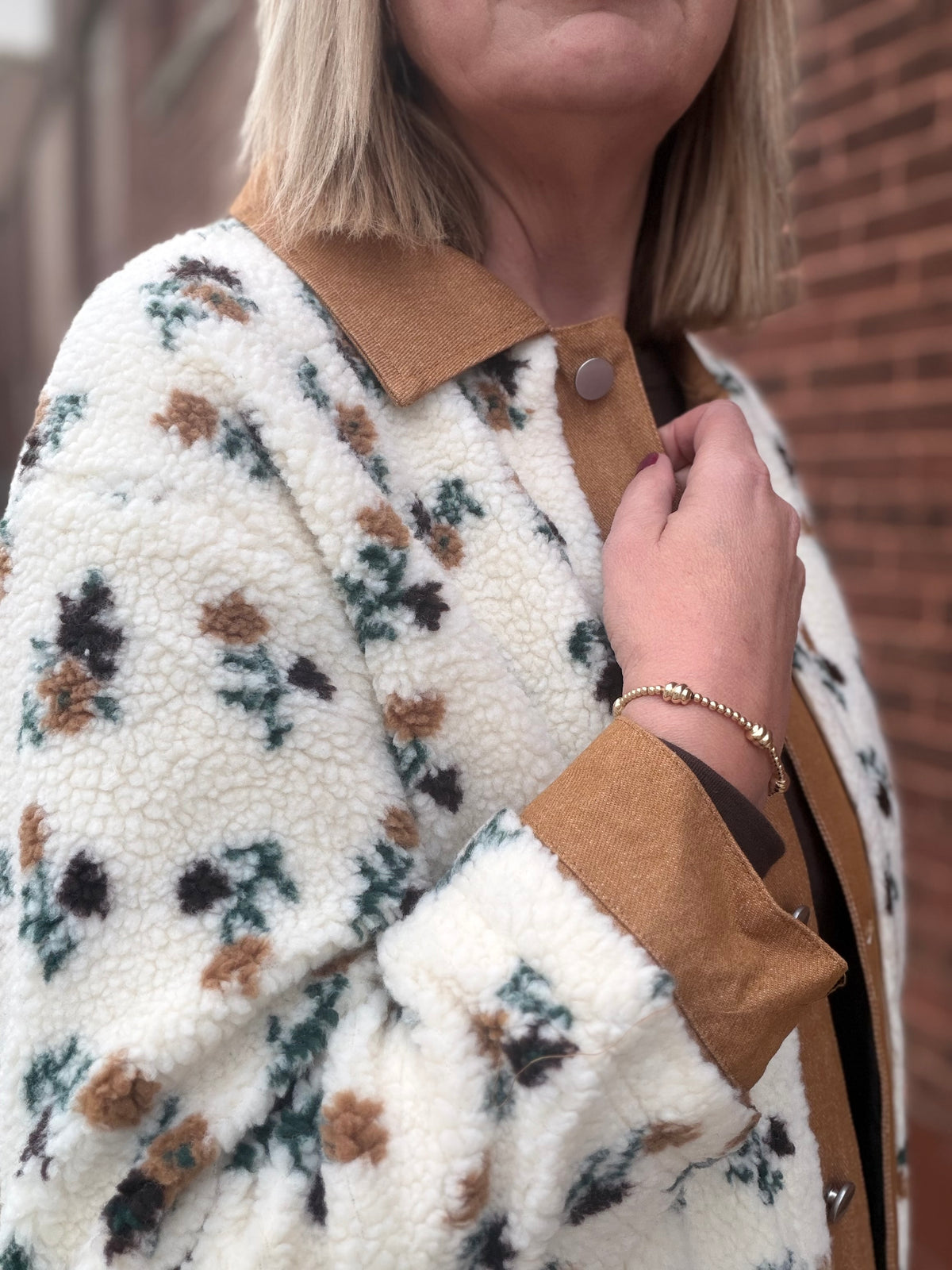 The Lyla Floral Sherpa Fleece Snap Jacket with Twill Detail