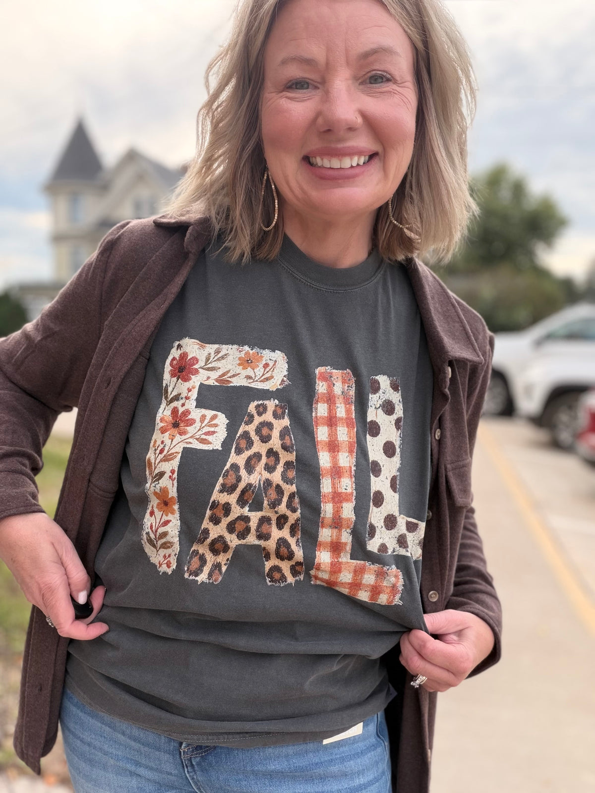 Fall Patchwork Graphic Tee on Pepper