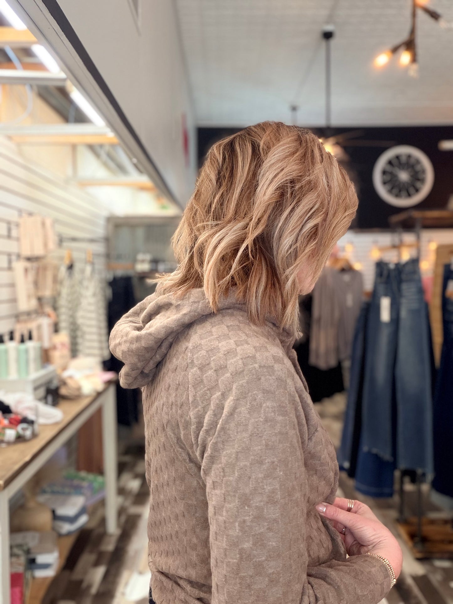 Soft Checkered Textured Button Front Hoodie