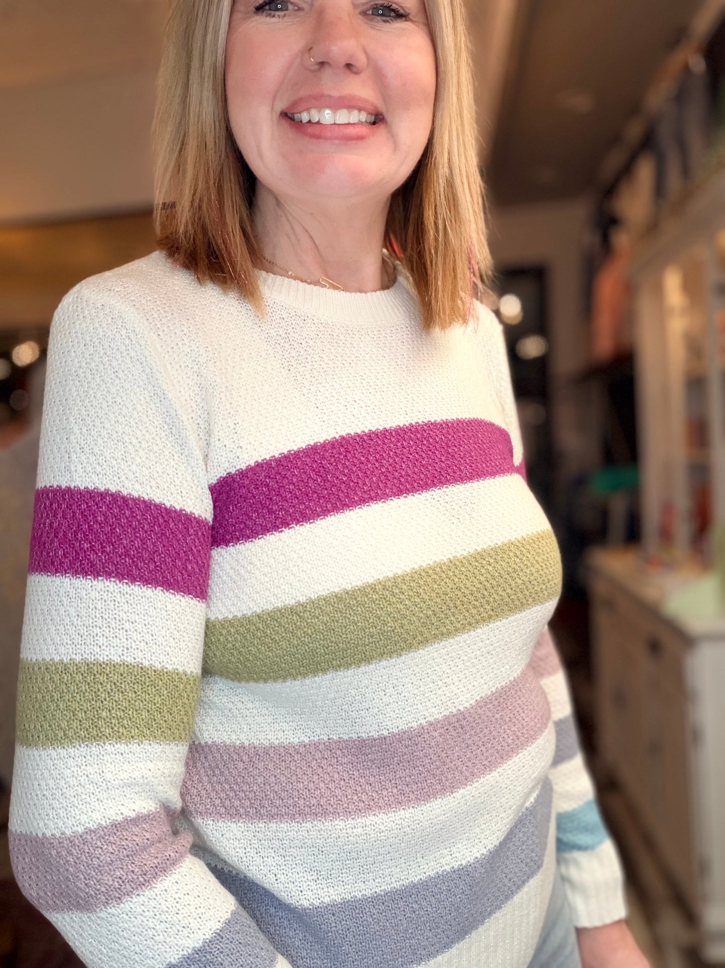 Magenta/Olive Striped Long Sleeve Sweater