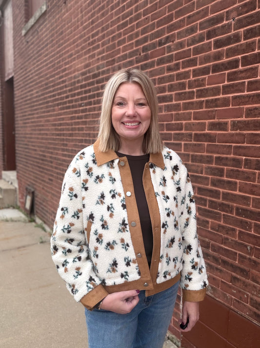 The Lyla Floral Sherpa Fleece Snap Jacket with Twill Detail