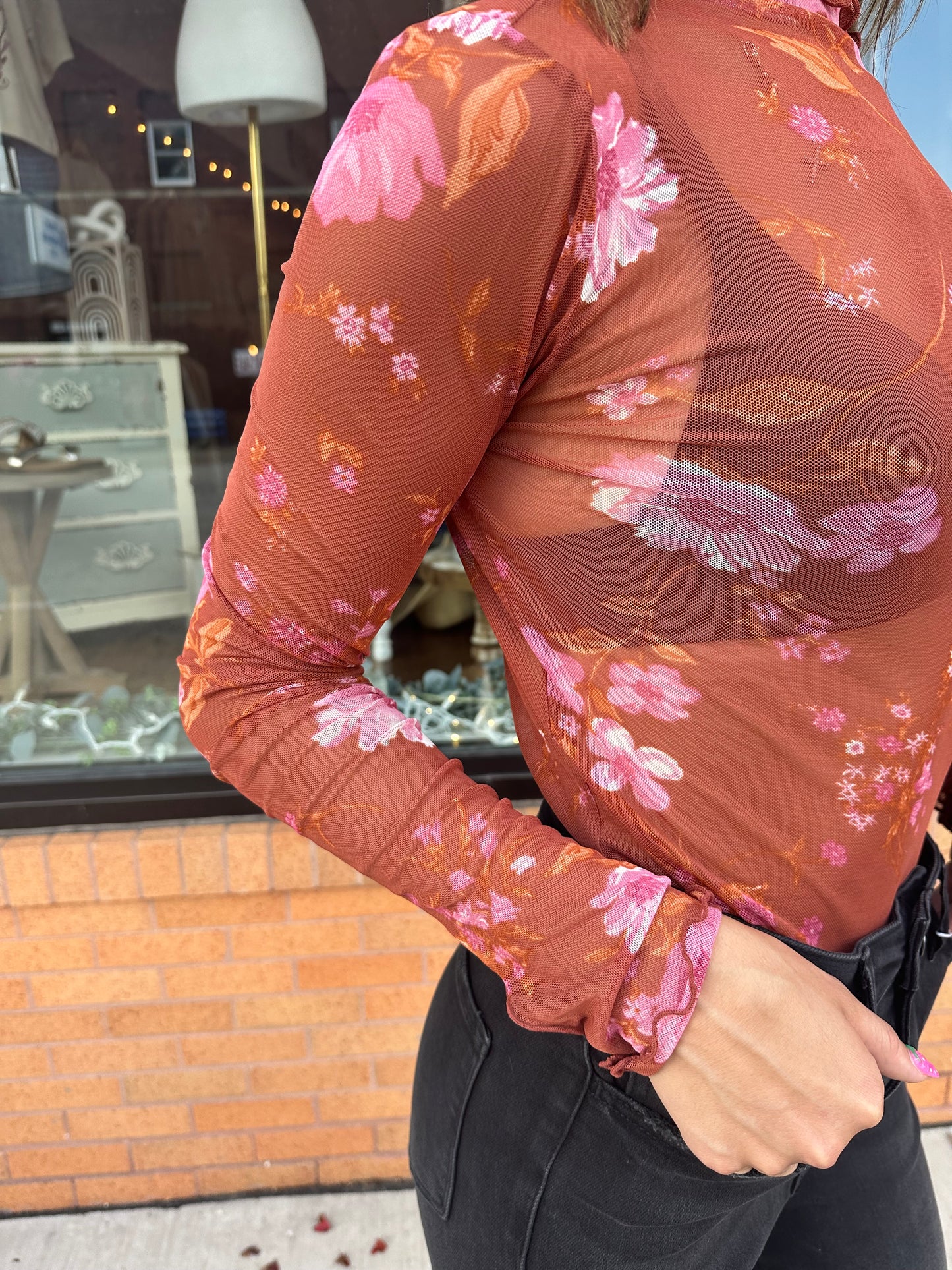 The Zandrea Floral Mesh Print Cabbage Hem Long Sleeve Top