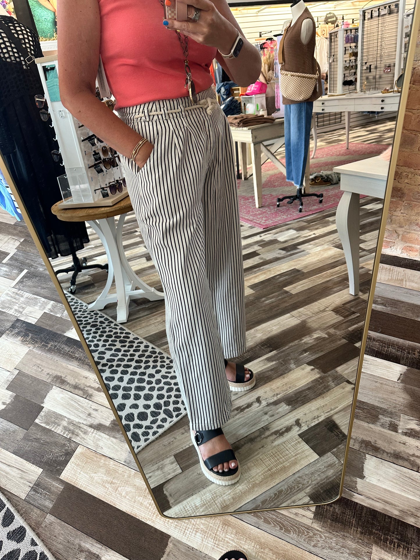 Maren Wide Leg Striped Denim Pants w/Rope Belt
