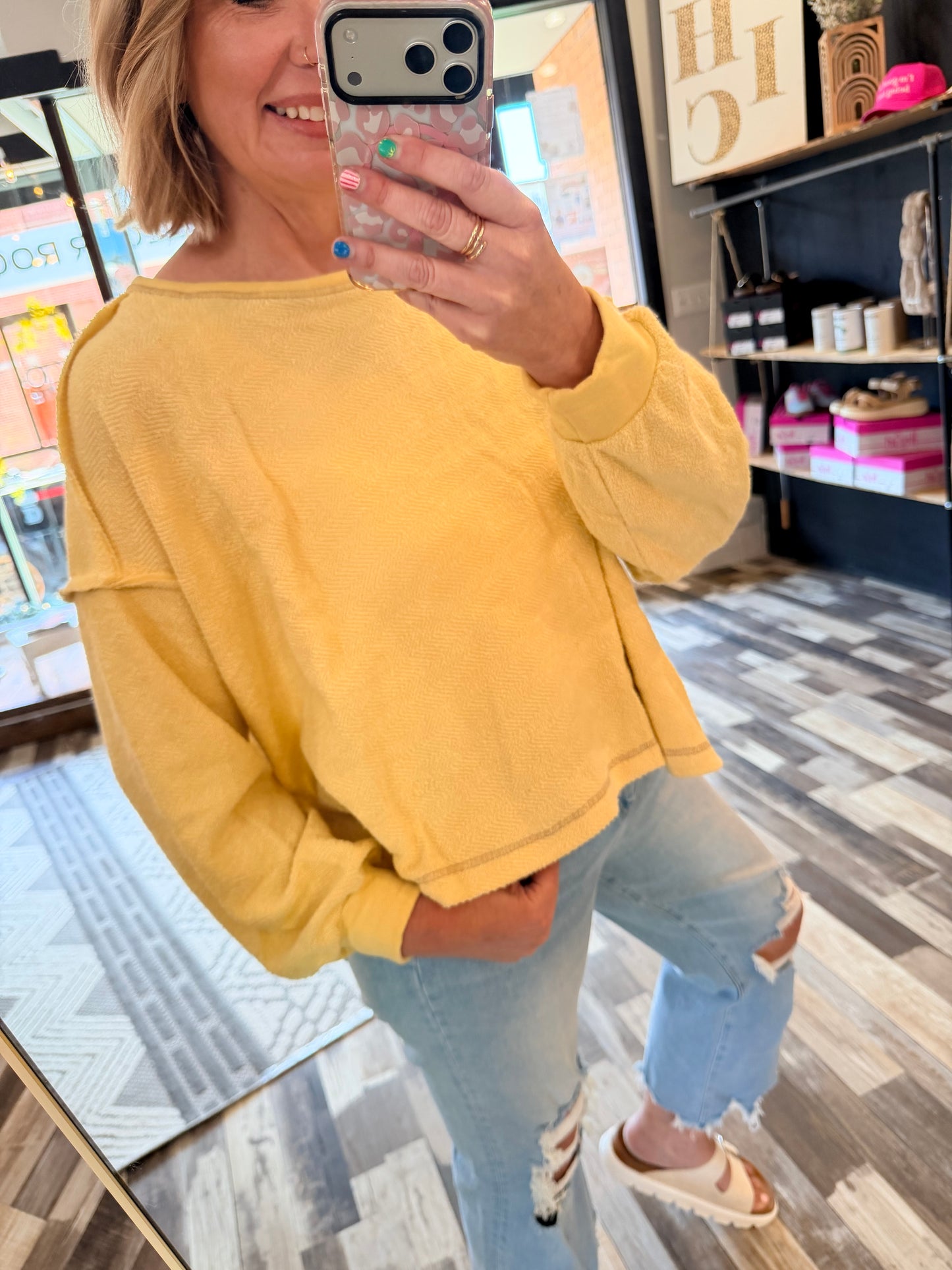 Sunshine in My Day Overlap Open Back Oversize Fit Reverse Stitched Top