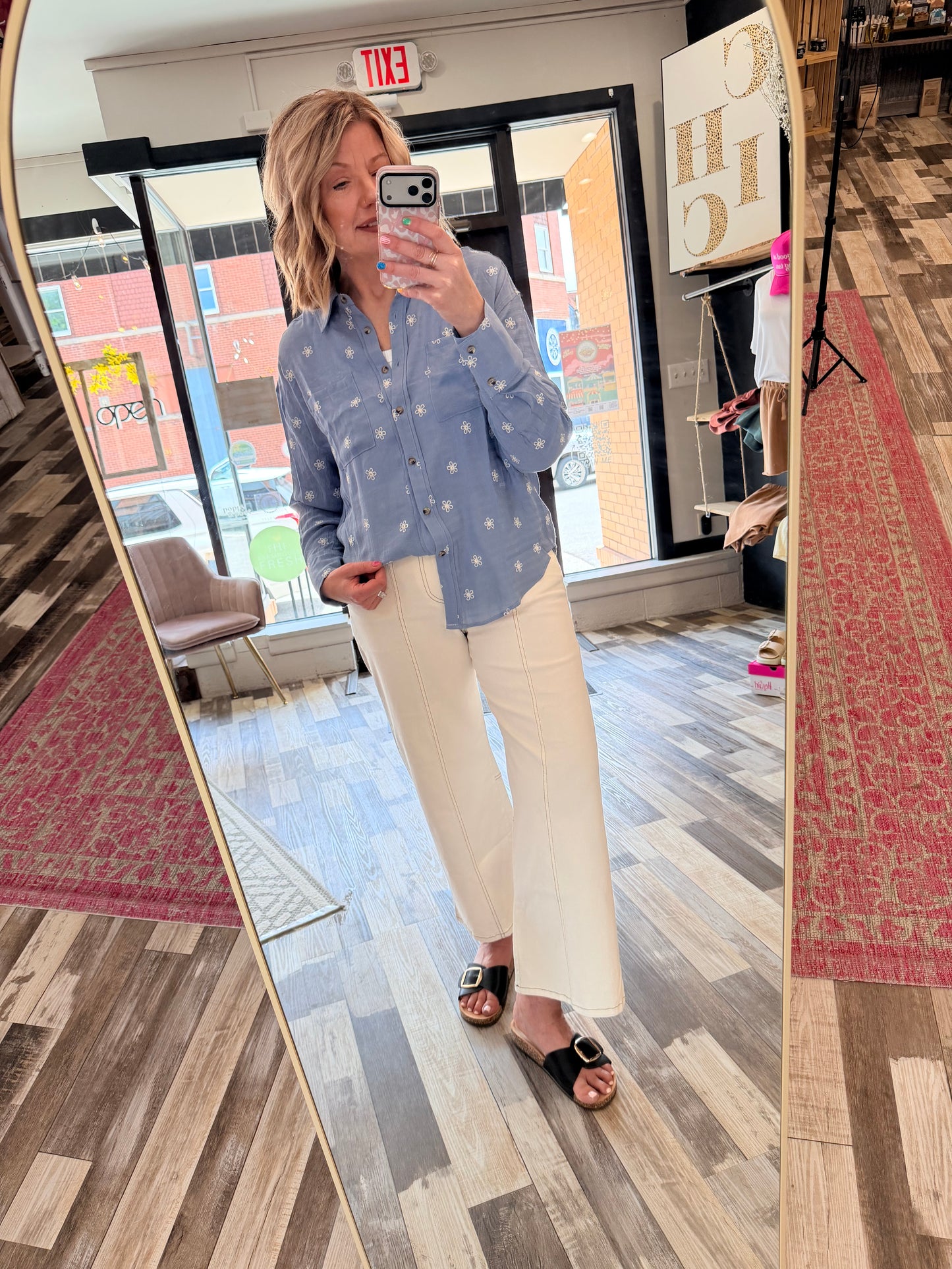 Floral Embroidered Button Down Relaxed Fit Textured Shirt