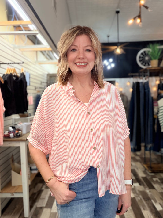 Woven Stripe Button Down Boxy Top