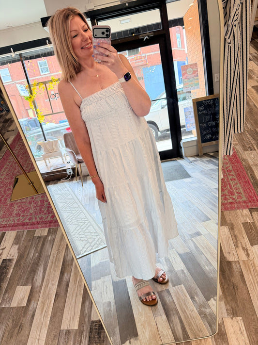 Stripe Shirred Empire Waist Tiered Midi Dress