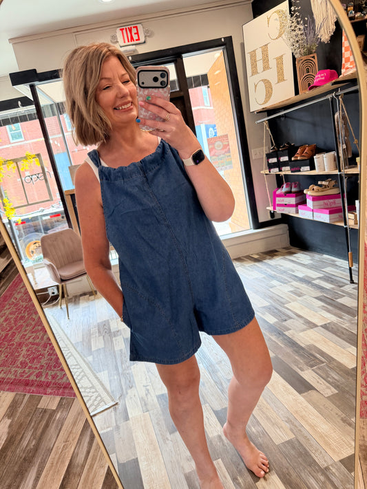 The Raisa Denim Romper w/Gathered Neck