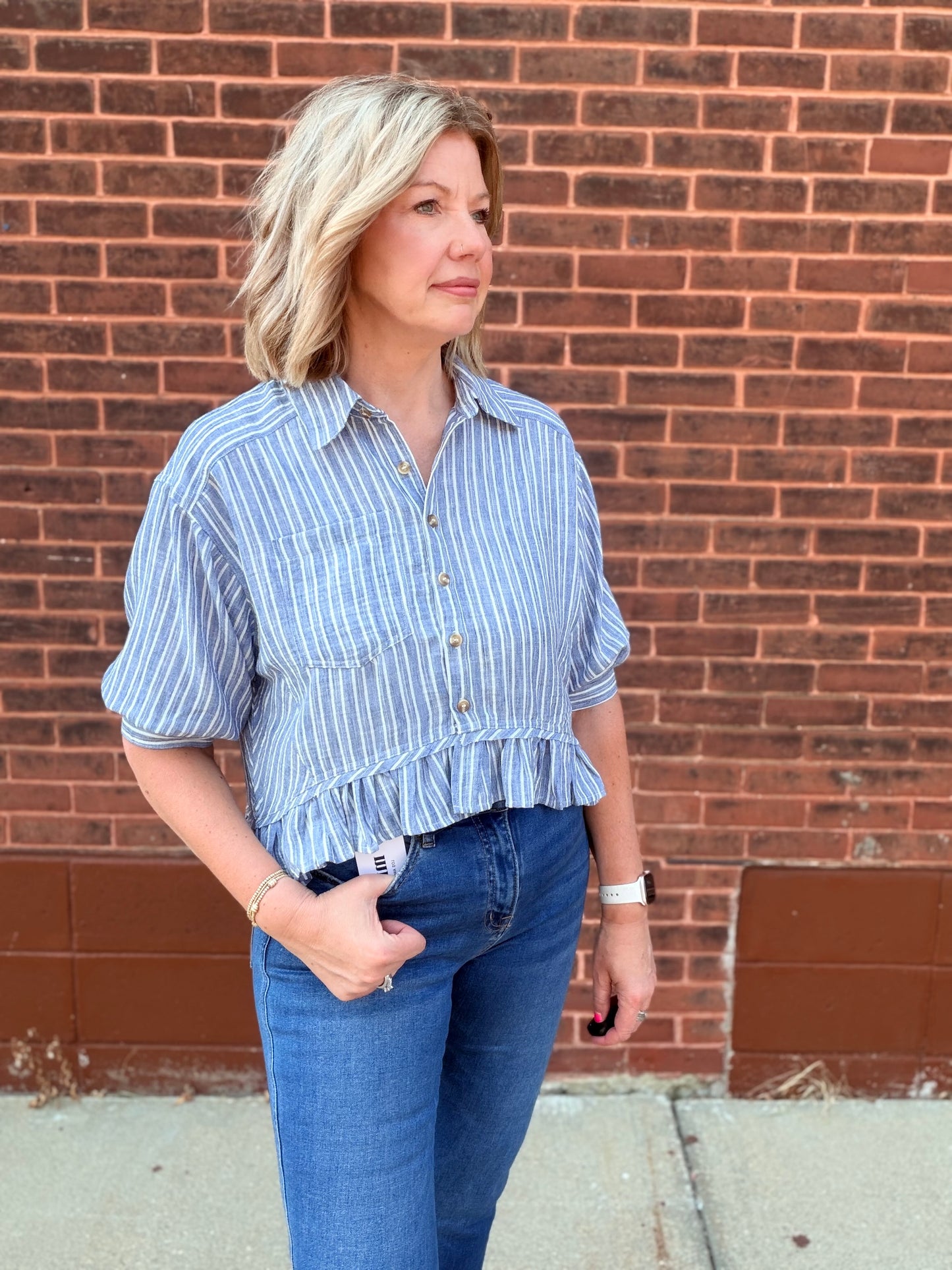 The Laney Striped Button Down Ruffled Hem Shirt