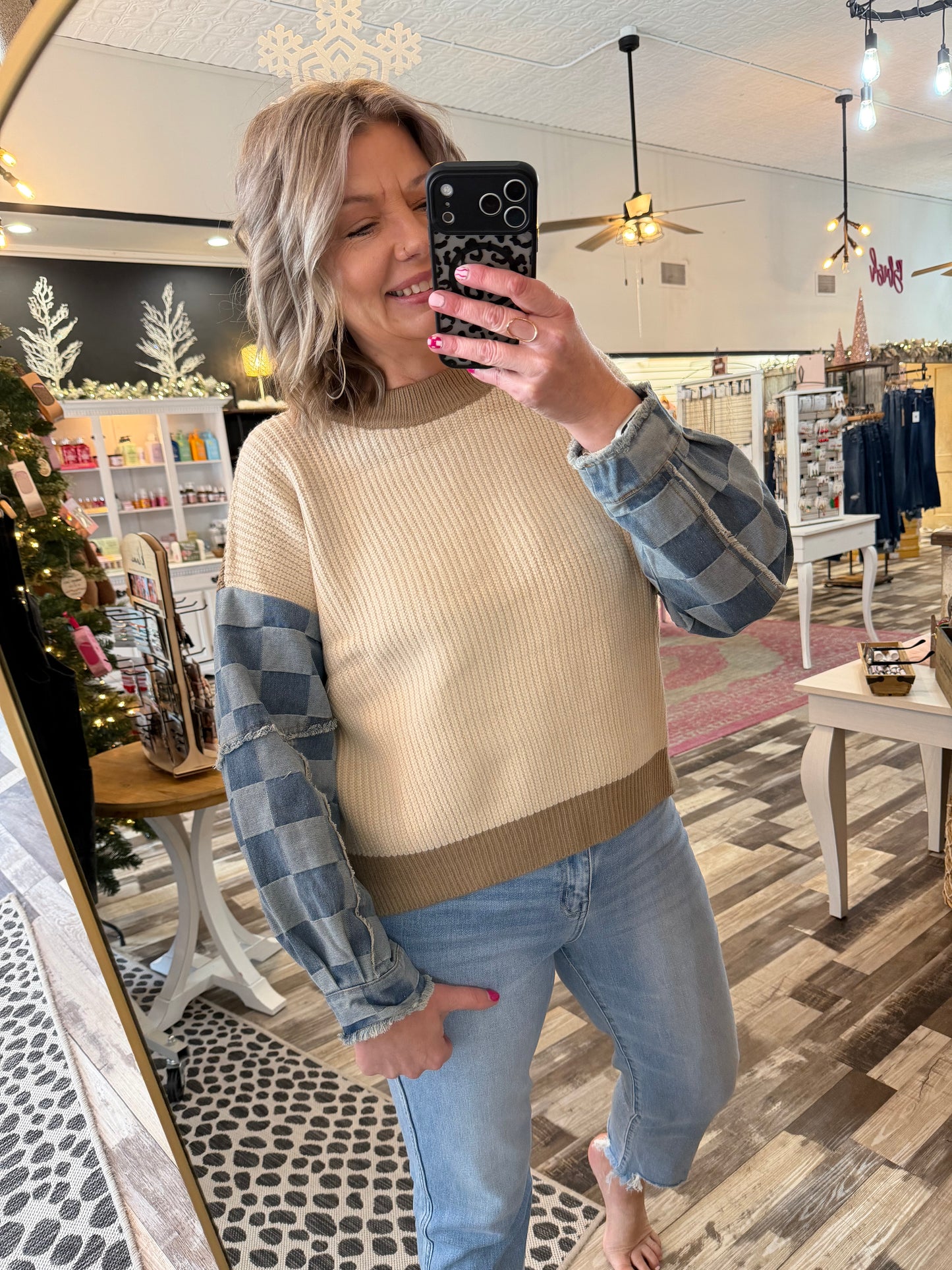 Checkered Denim Sleeve Mix Knit Sweater