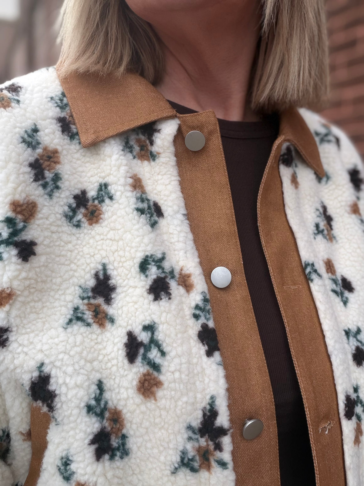 The Lyla Floral Sherpa Fleece Snap Jacket with Twill Detail