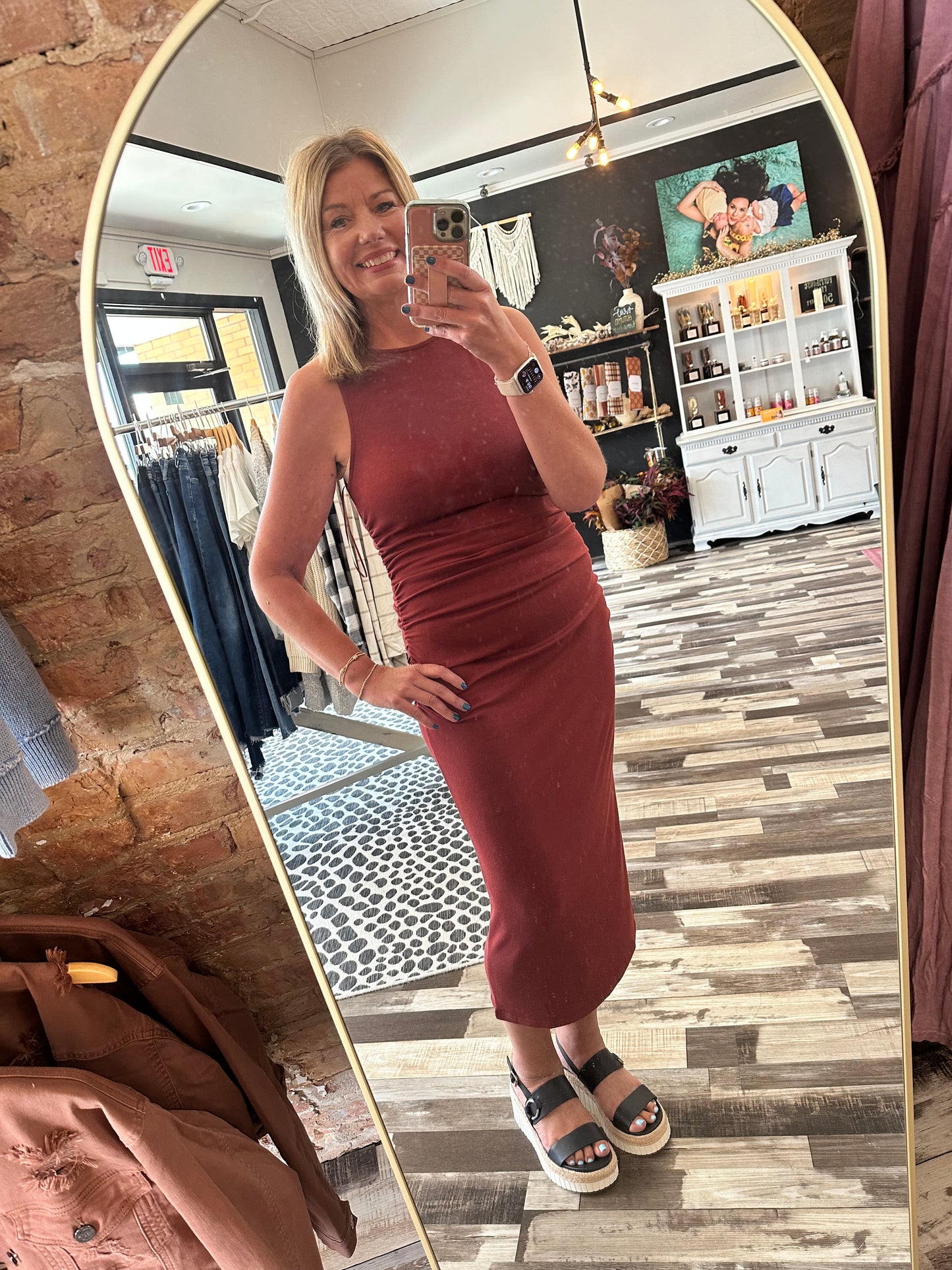 The Karli Open Up Boatneck Ruched Midi Dress
