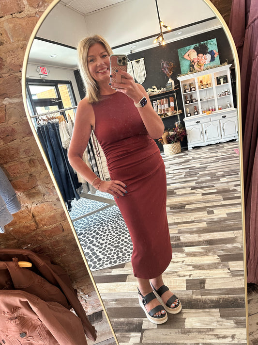 The Karli Open Up Boatneck Ruched Midi Dress