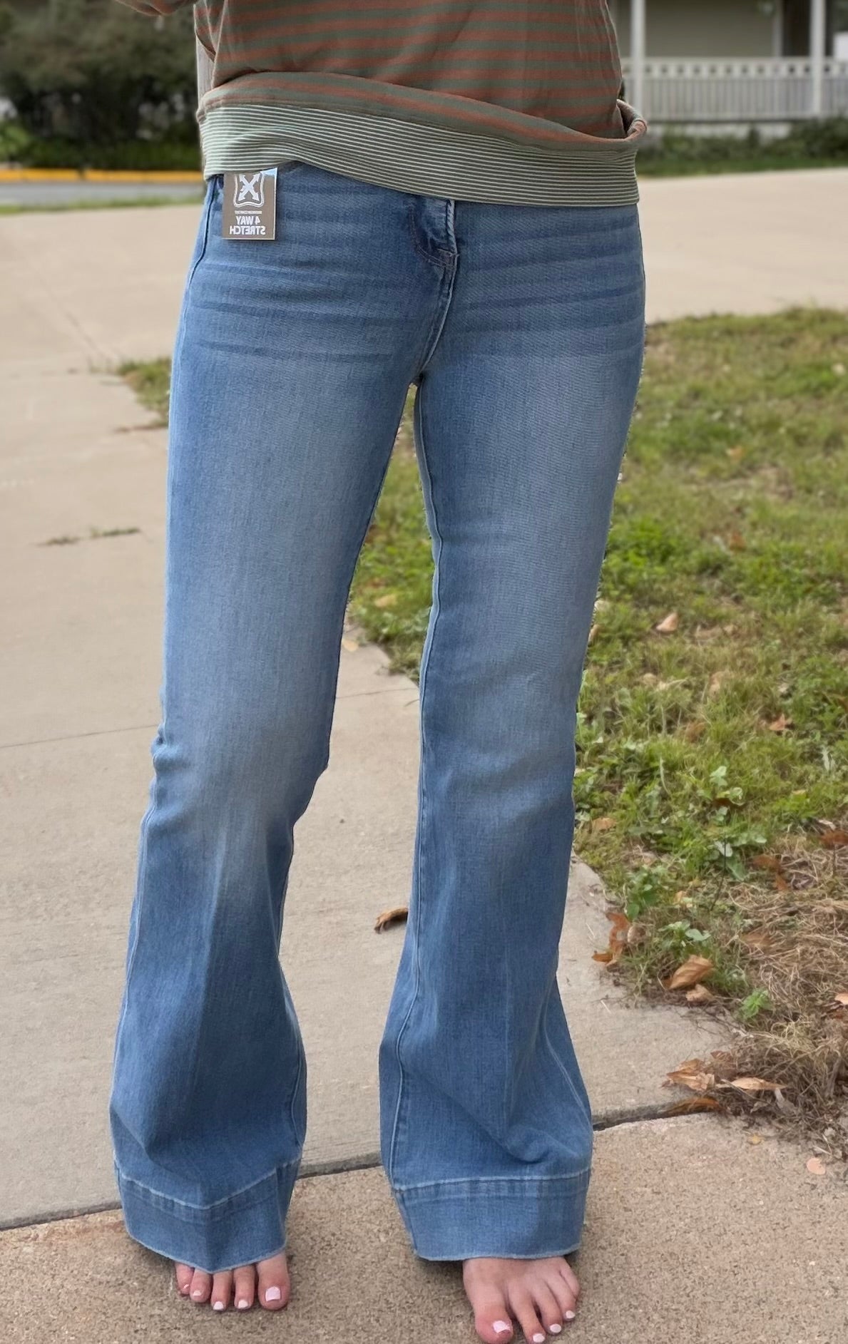 The Stella Mid Rise Tummy Control 4 Way Stretch Flare Jeans by Risen