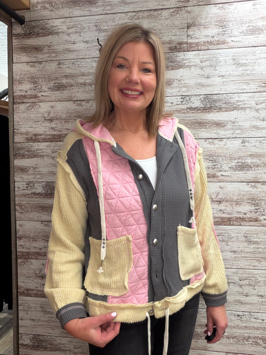 Kari's Favorite Multi Fabric Button Down Hoodie