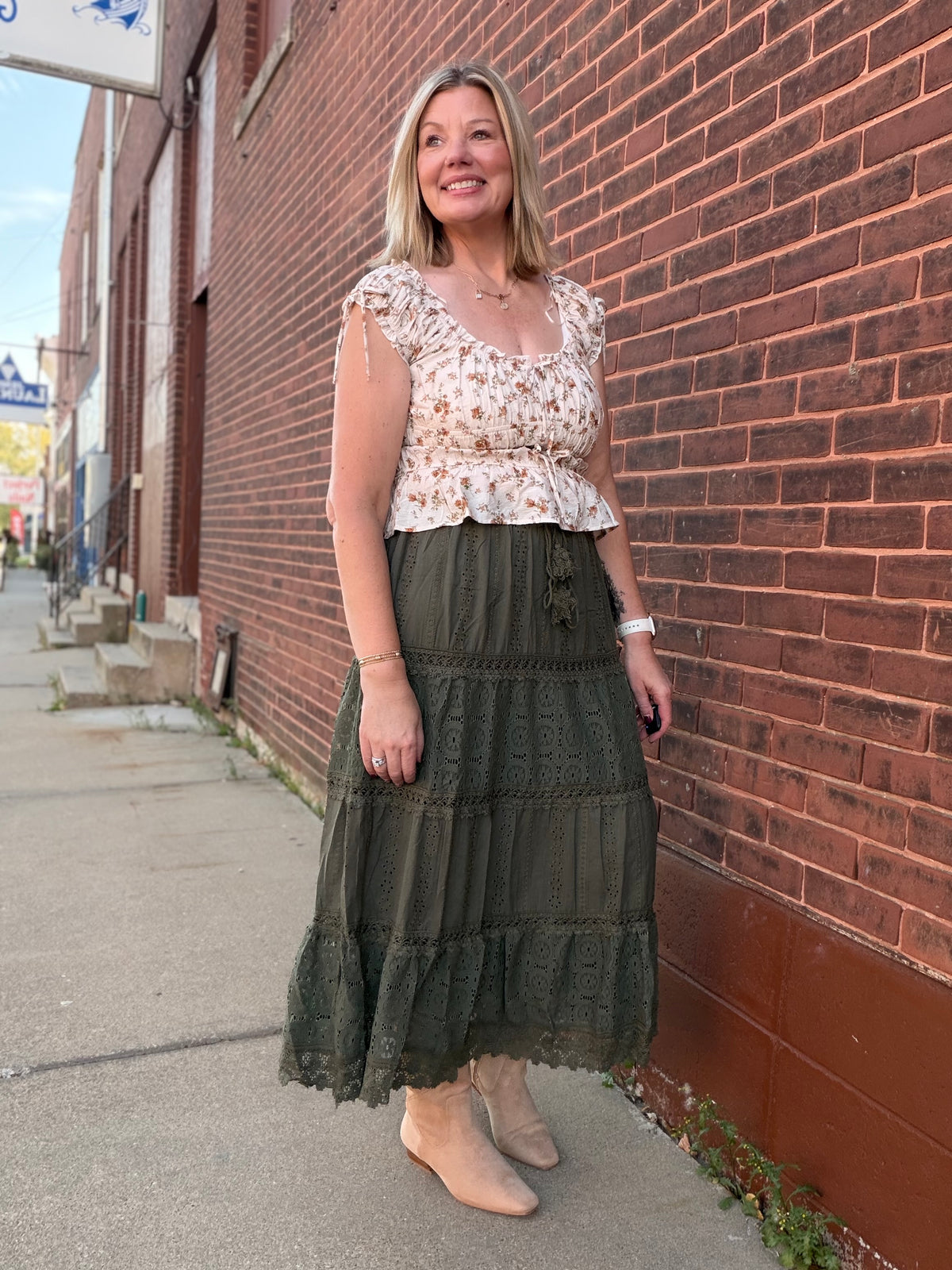 Harvest Time Elastic Waist Maxi Skirt w/ Lace Trim