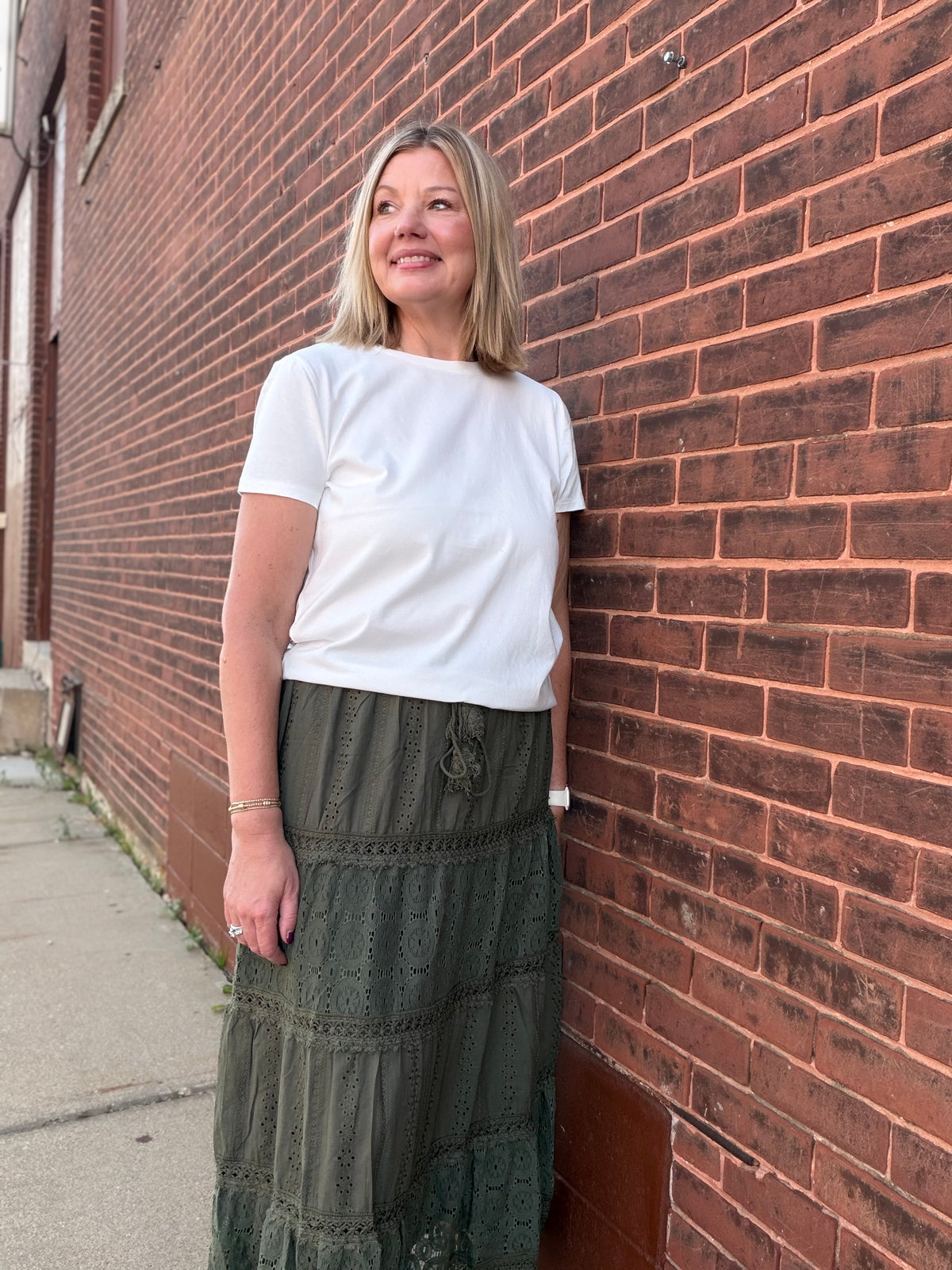 Harvest Time Elastic Waist Maxi Skirt w/ Lace Trim