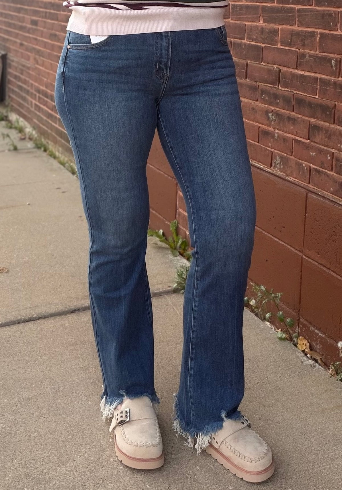 The Vintage Darling Mid Rise Flare Frayed Hem Jeans by Risen