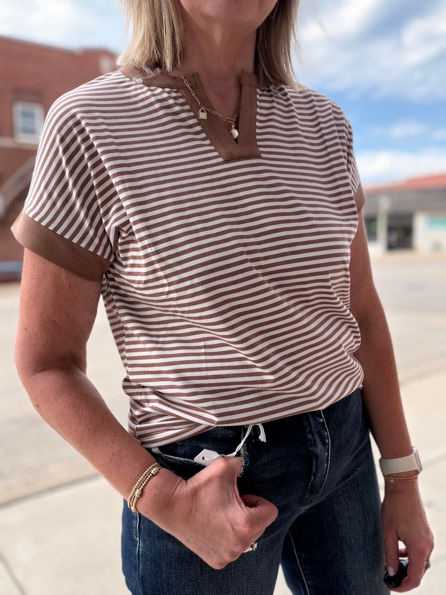 Fall Into You Split Neck Striped Top