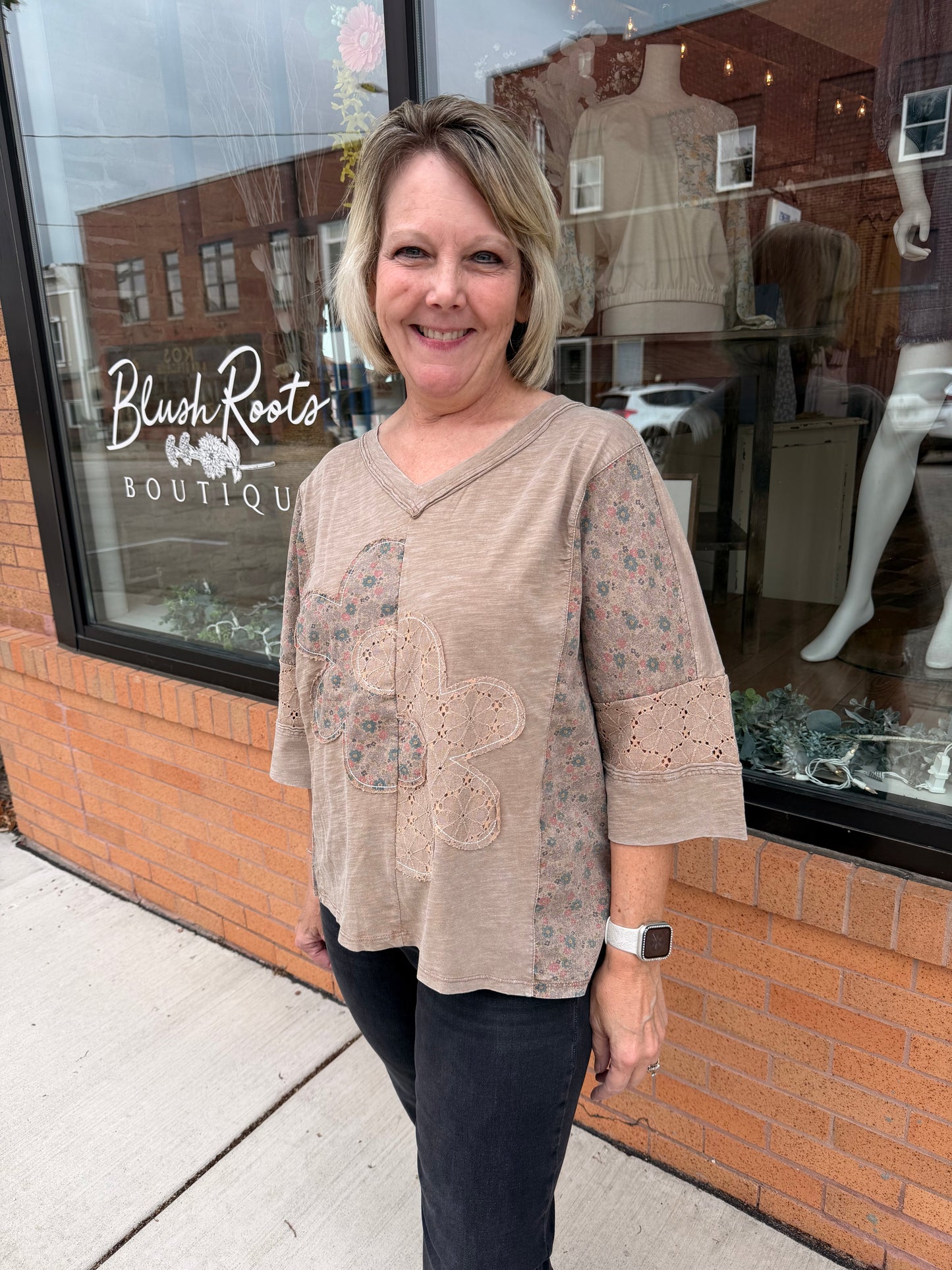 Floral Patchwork V Neck Loose Fit Top