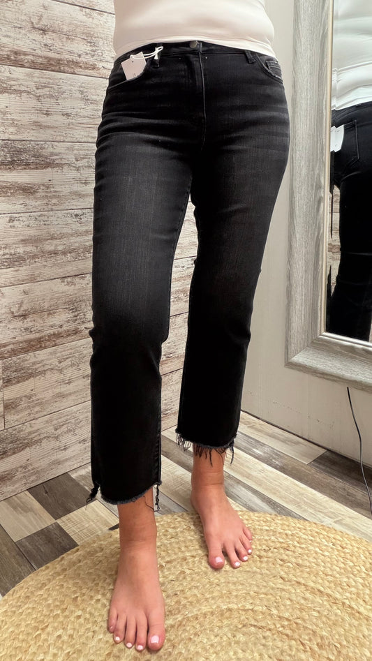 Vervet High Rise Raw Step Hem Black Crop Flare Jeans