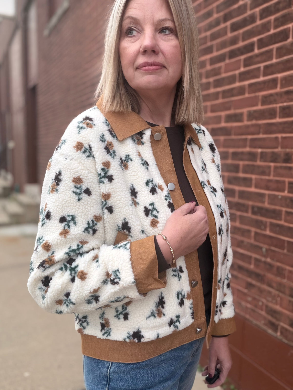 The Lyla Floral Sherpa Fleece Snap Jacket with Twill Detail