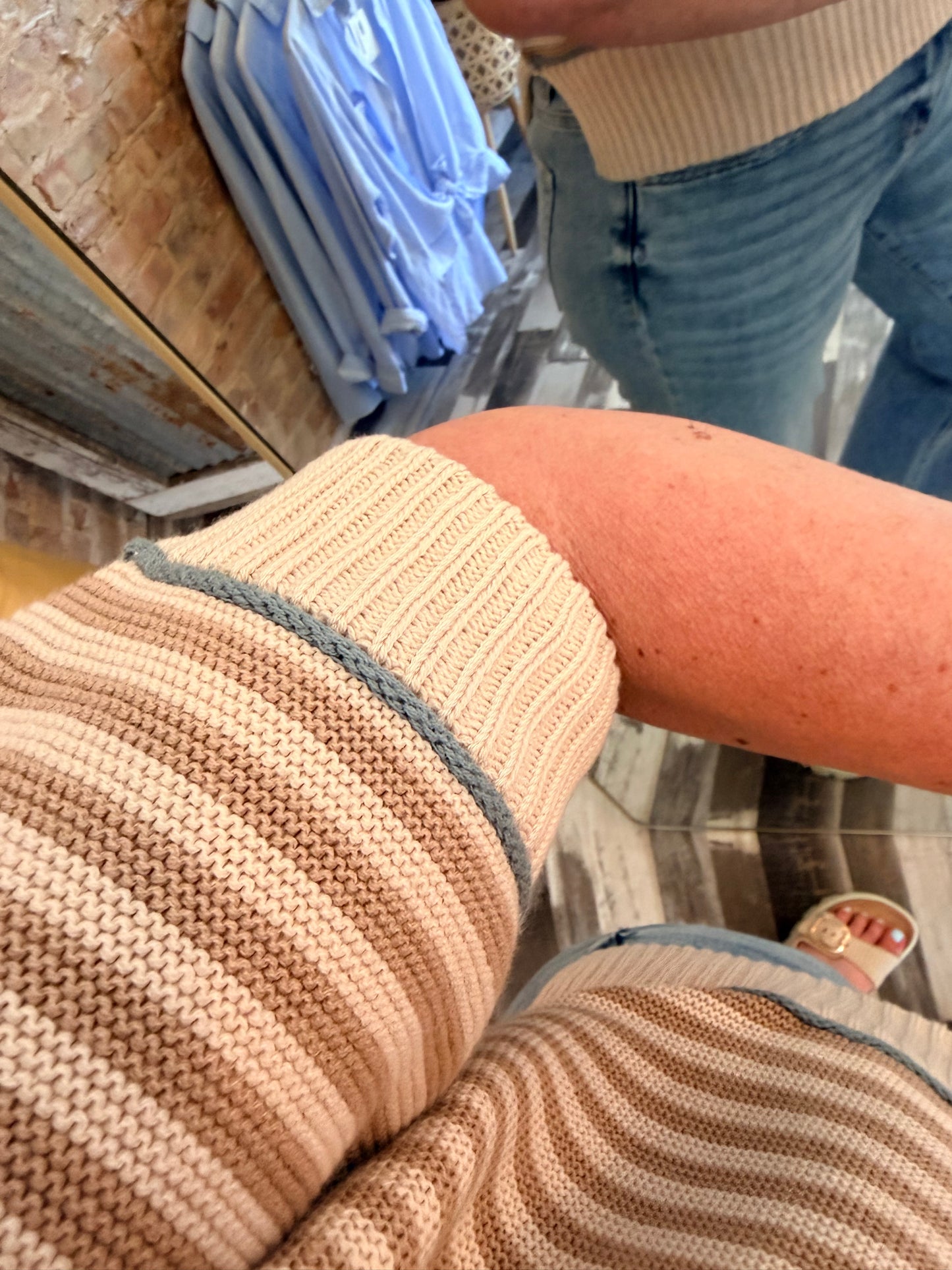 Stripe Raw Edge Detail Contrast Trim Sweater