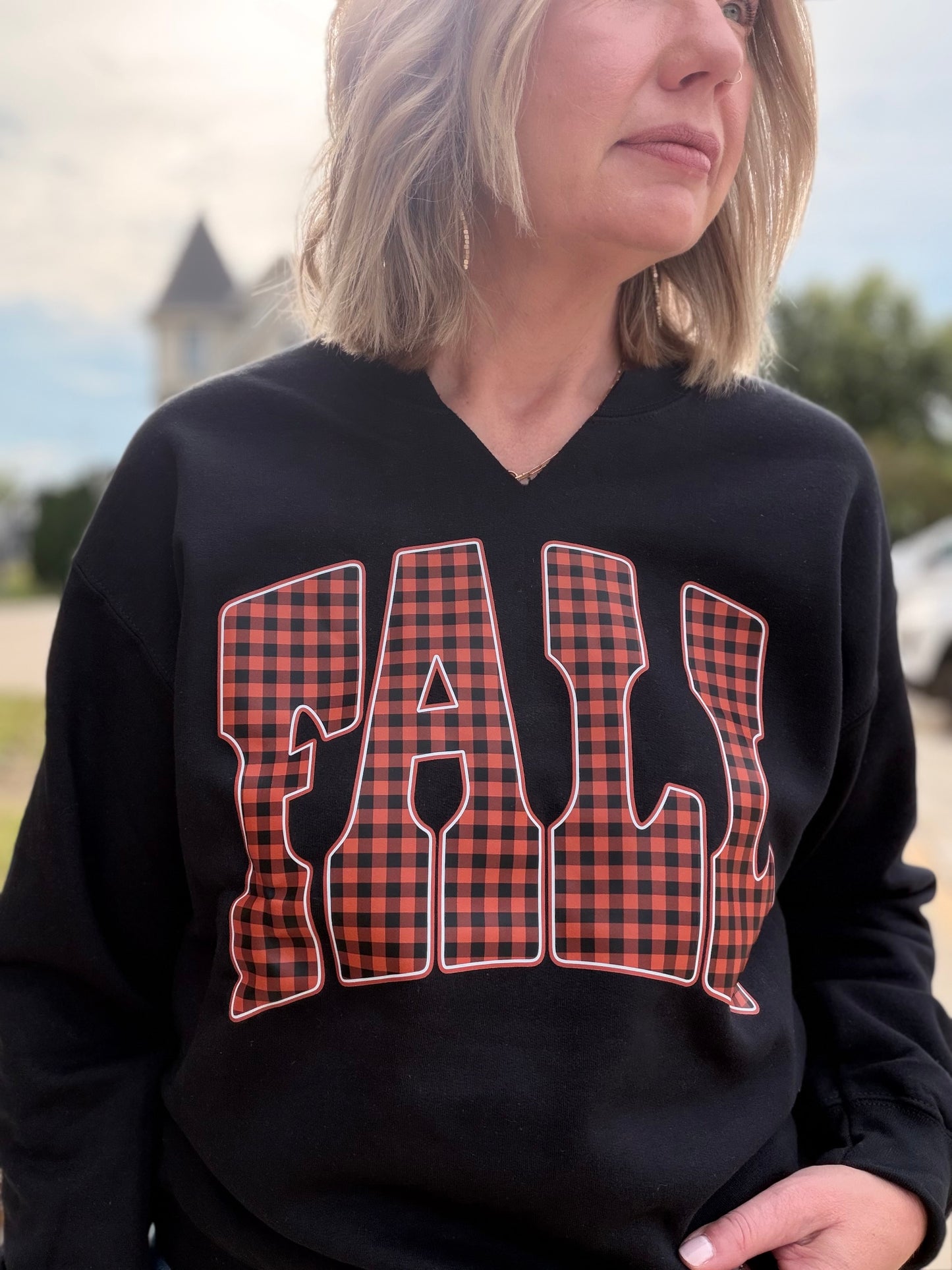 Gingham FALL Graphic Crewneck on Black