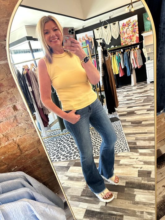 Judy Blue Mid Rise Vintage Wash Fray Hem Flare Denim