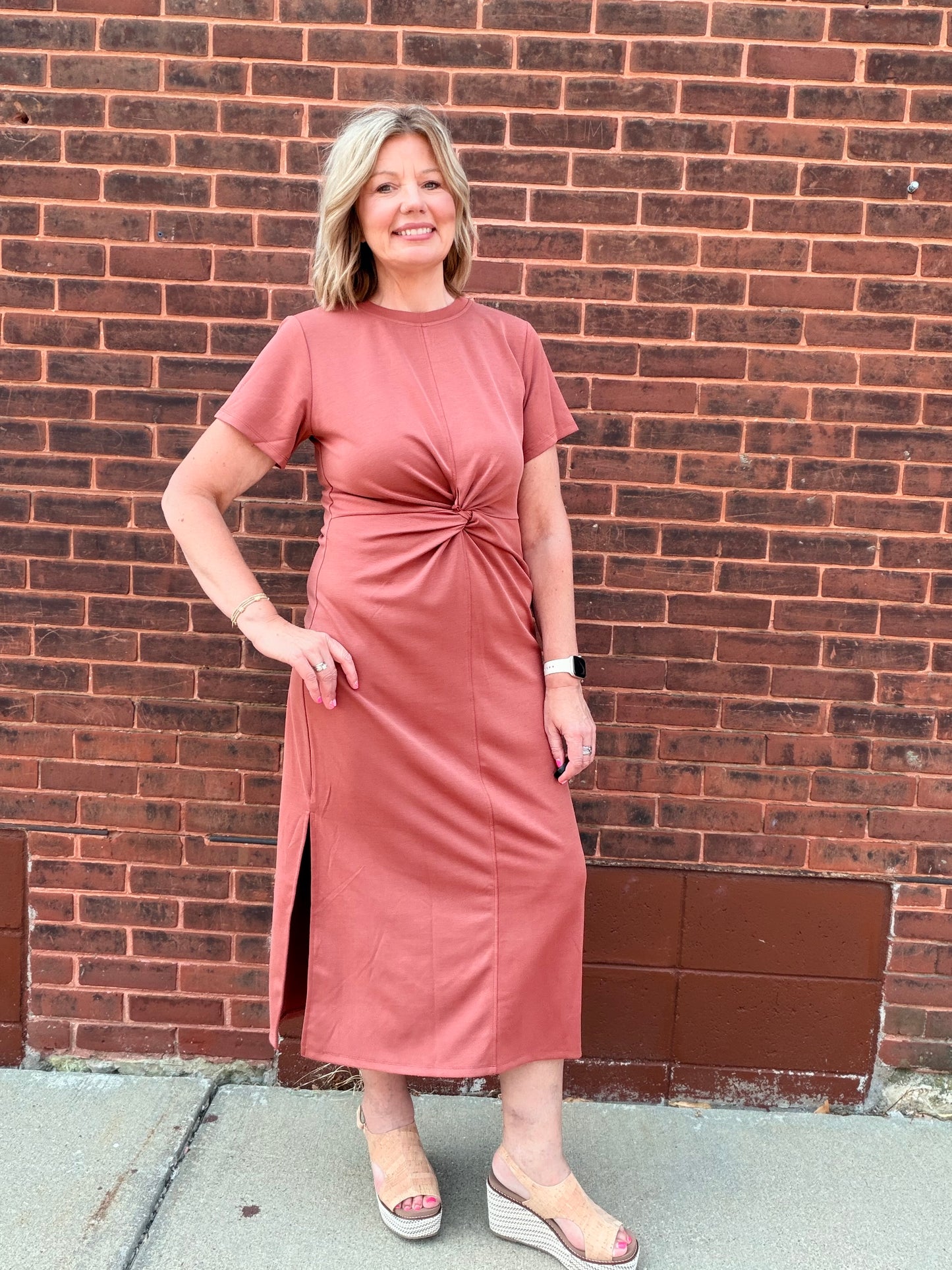 Twist Knot Detail Side Slit Maxi T-shirt Dress