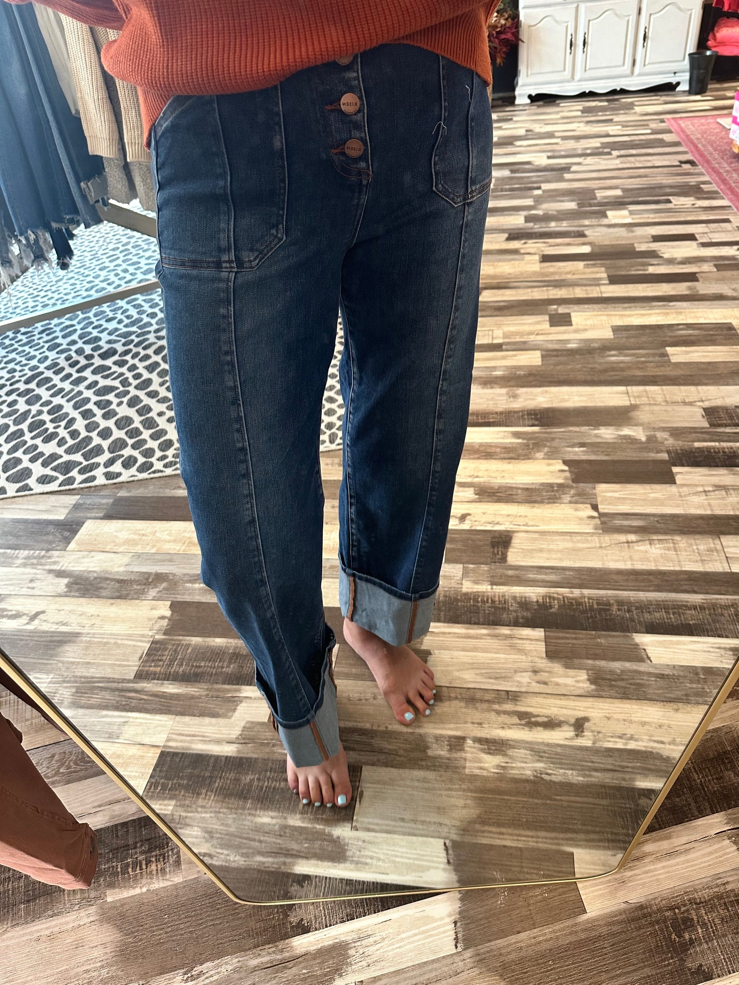 Risen High Rise Wide Leg Button Fly Cuffed Crop Denim