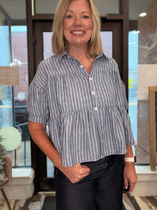 Tiered Striped Button Down Short Bubble Sleeve Top