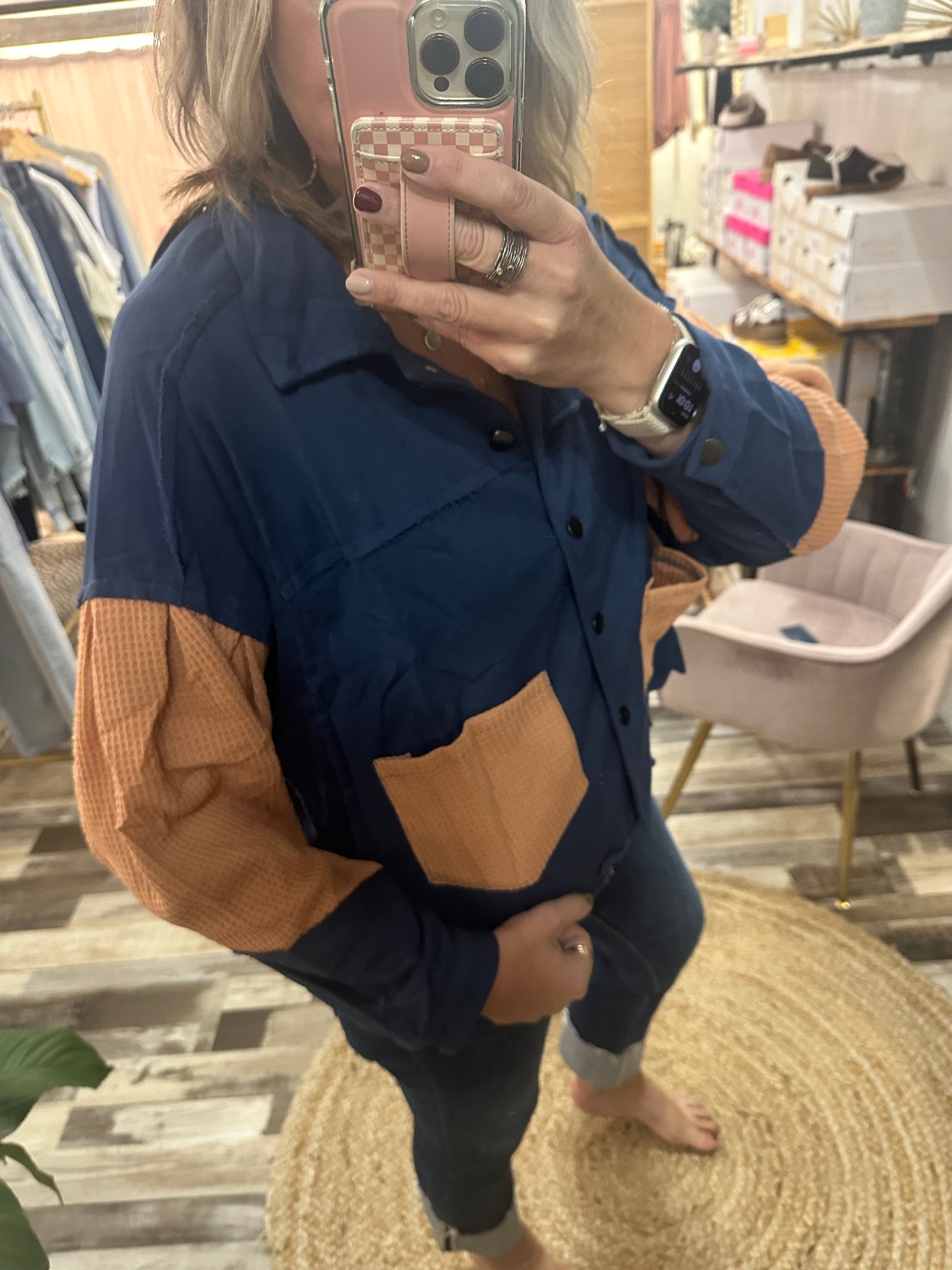The Hanna Color Block Button Down Jacket with Side Pockets