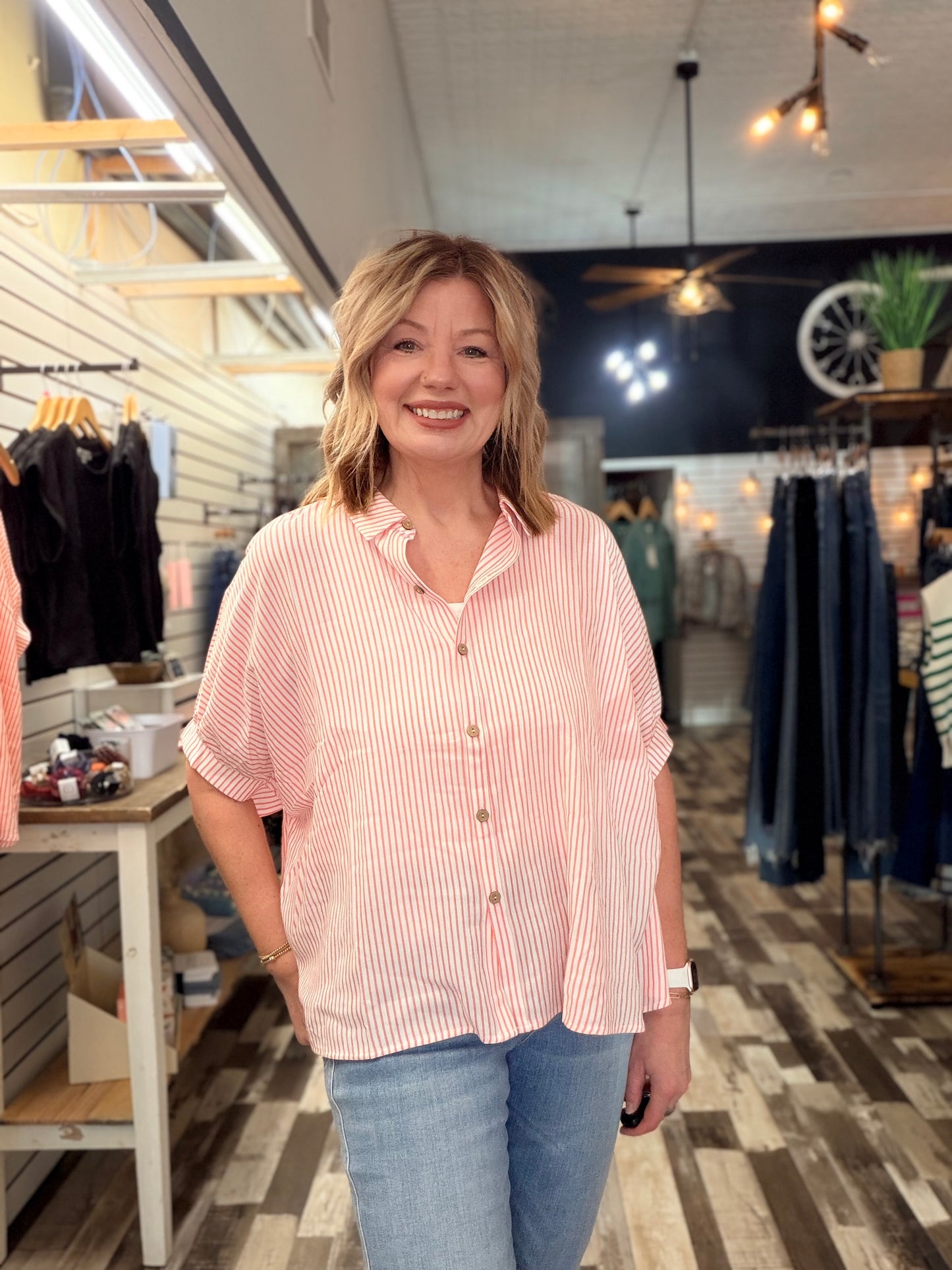 Woven Stripe Button Down Boxy Top