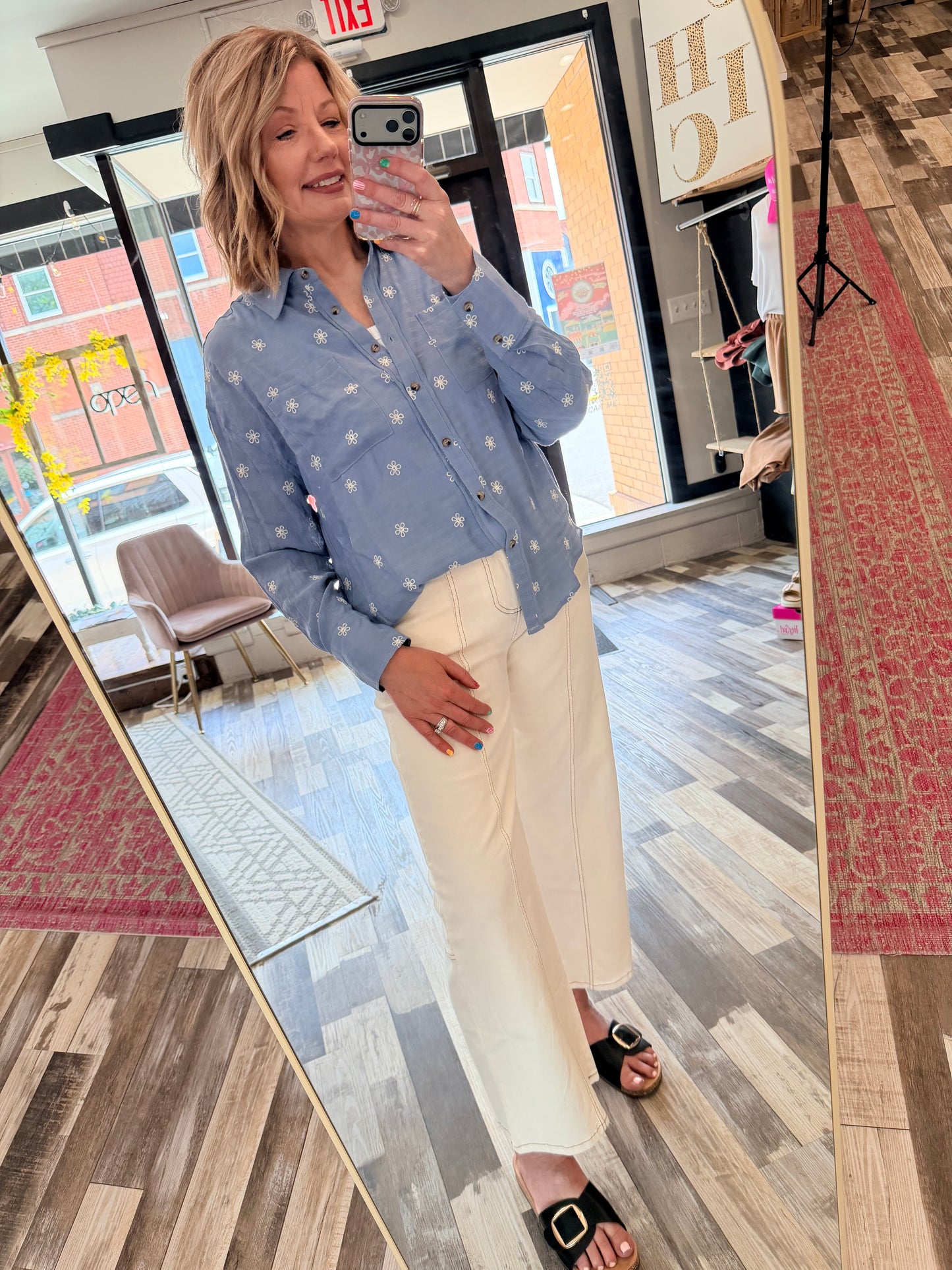 Floral Embroidered Button Down Relaxed Fit Textured Shirt