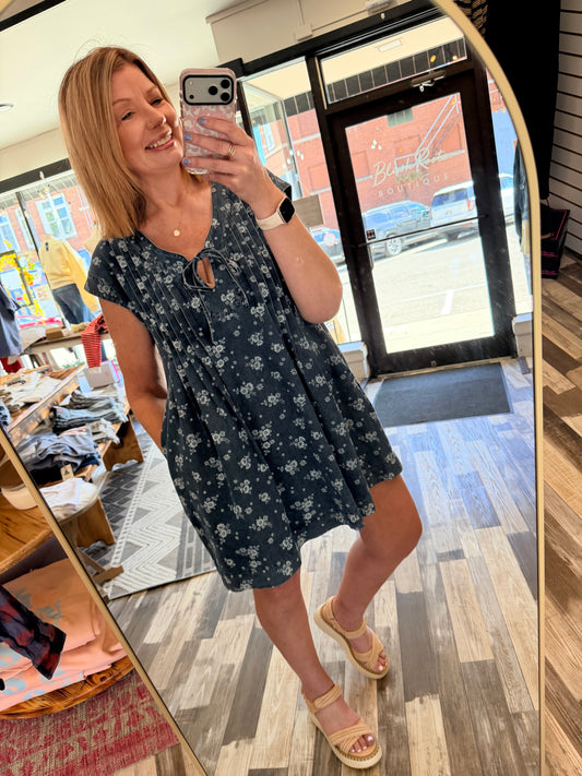 Floral Me Crazy Tie Denim Dress