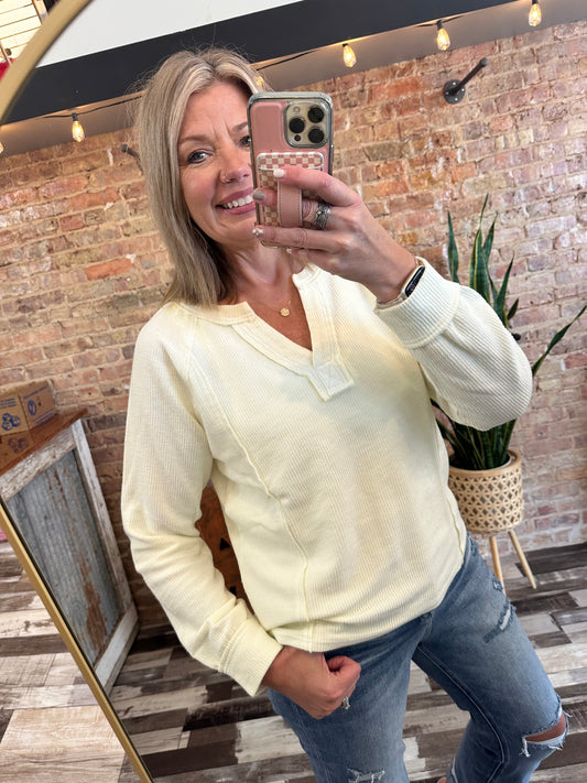 The Ellie Washed Ribbed Split Neck Long Sleeve Knit Top