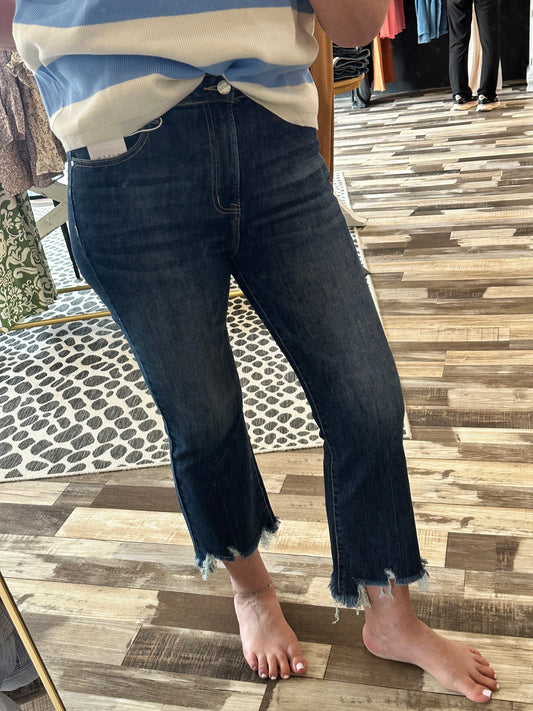 Risen High Rise Crop Flare Frayed Hem Jeans