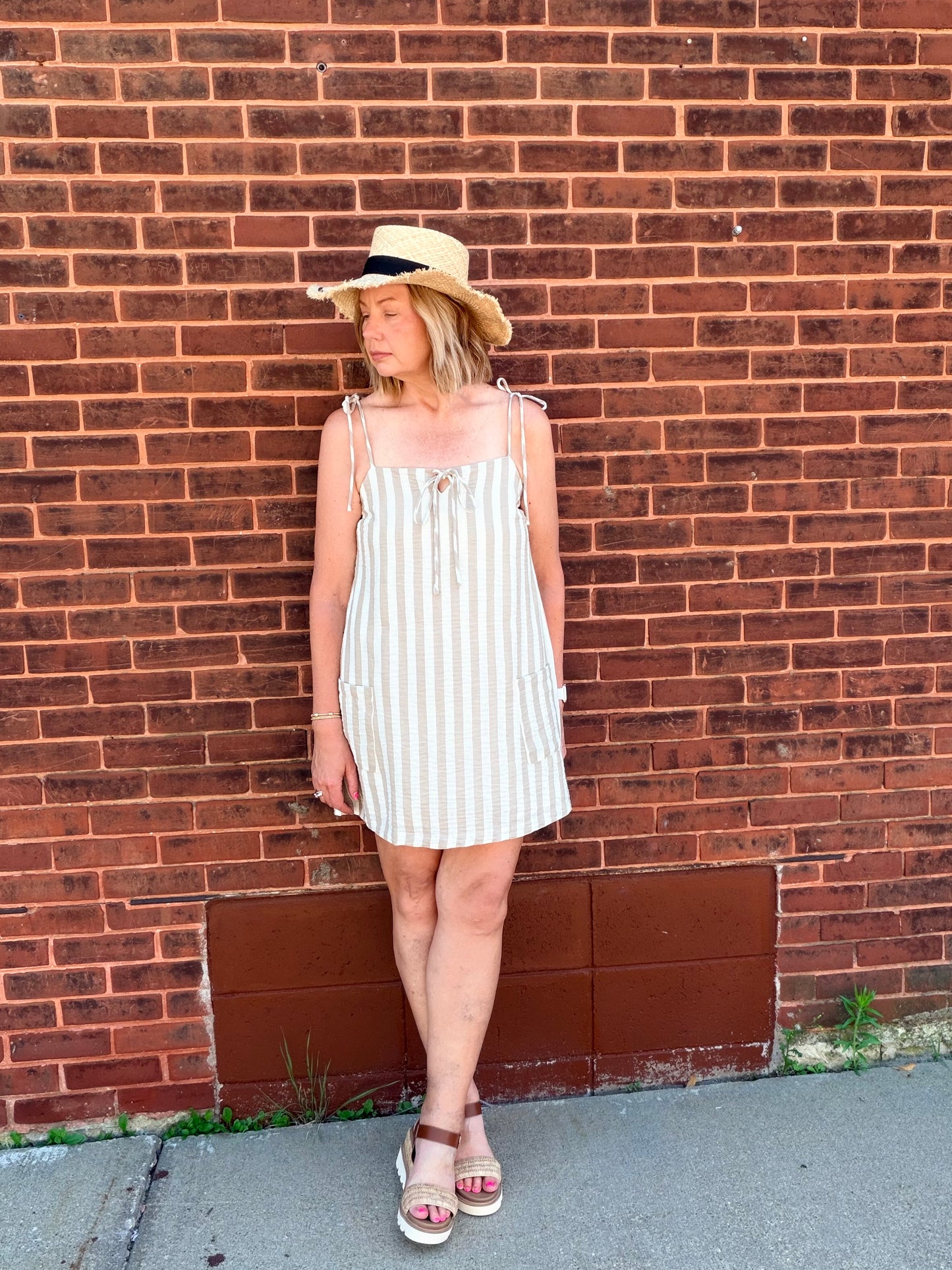 Easy To Look Good Stripe Gauze Tie Shoulder Dress