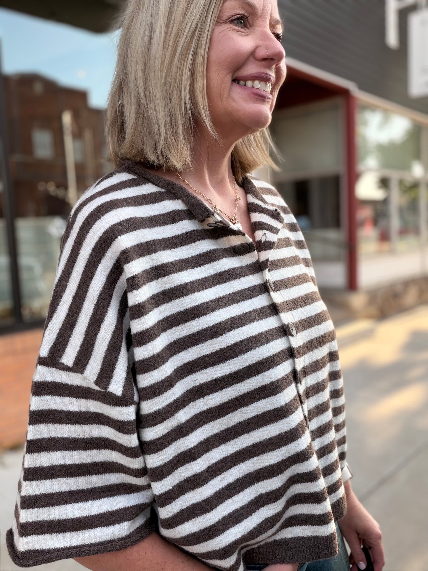 The Tessa Striped Raw Edge Button Down Cardi