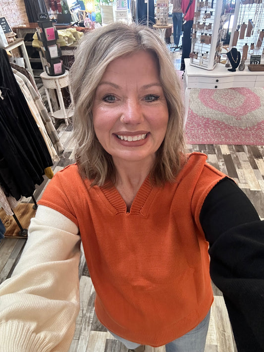 The Renee Colorblock Raw Edge V Neck Bubble Sleeve Sweater
