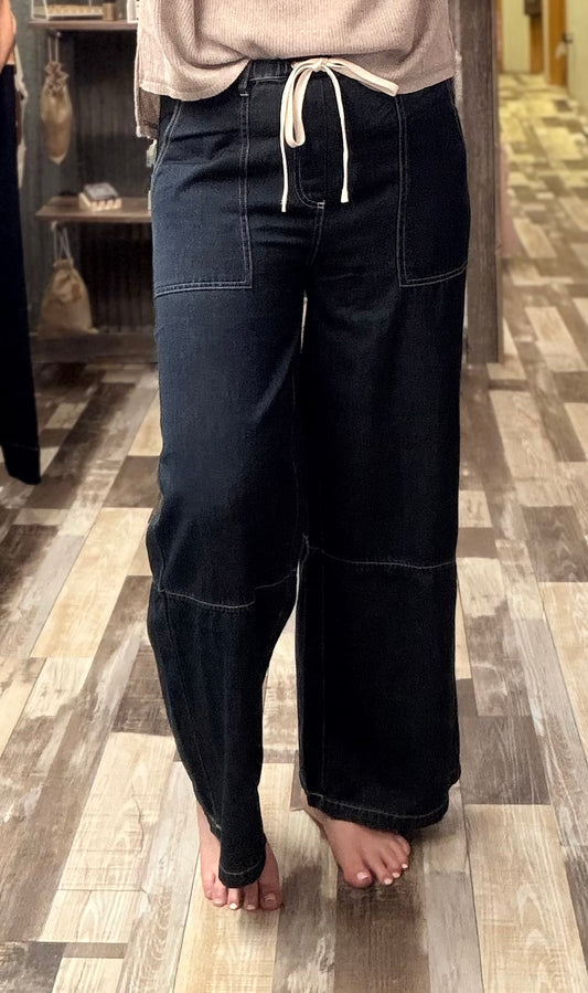 Wide Leg Denim Elastic Scrunch Drawstring Pants