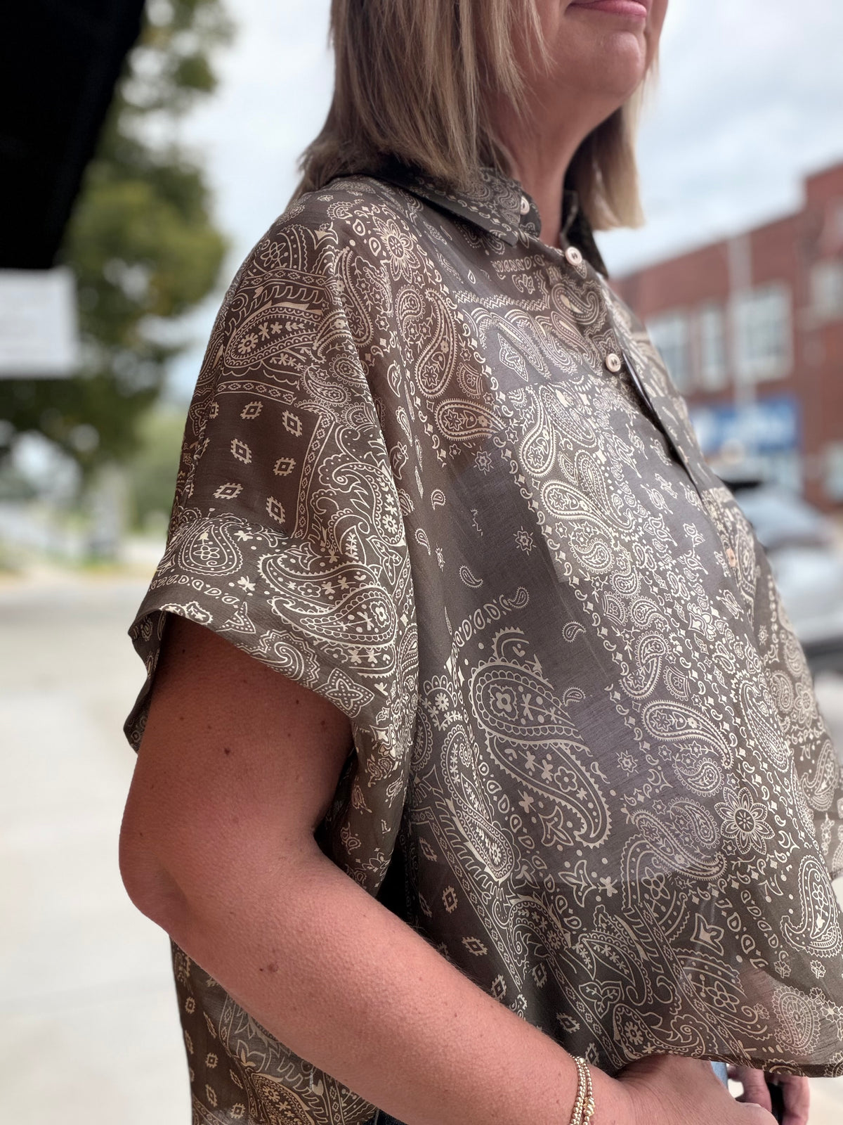 Sweet Meadow Paisley Print Button Down Dolman Top