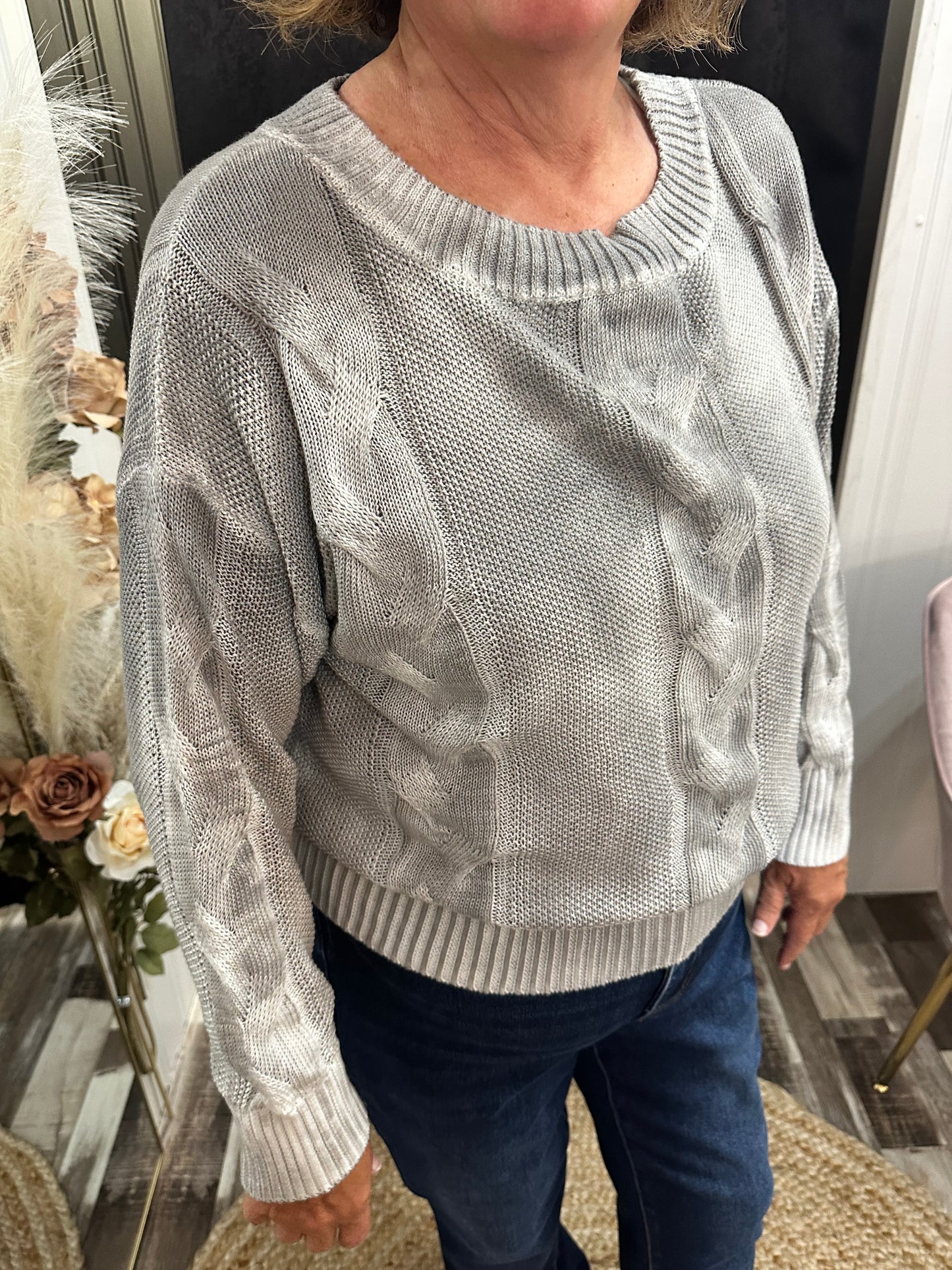 Gray Bleached Cable Knit Sweater