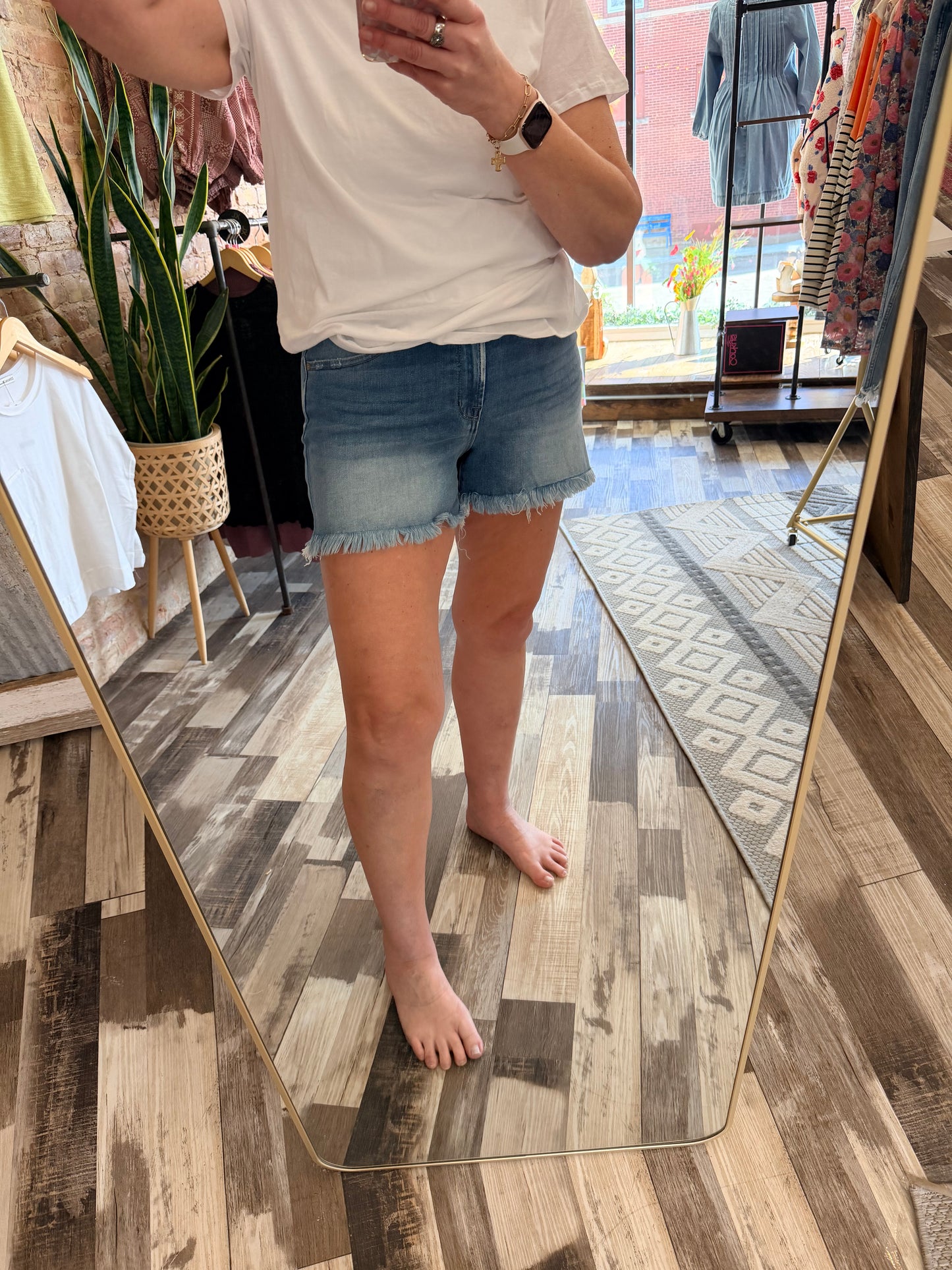 Mid Rise Raw Frayed Hem Denim Shorts